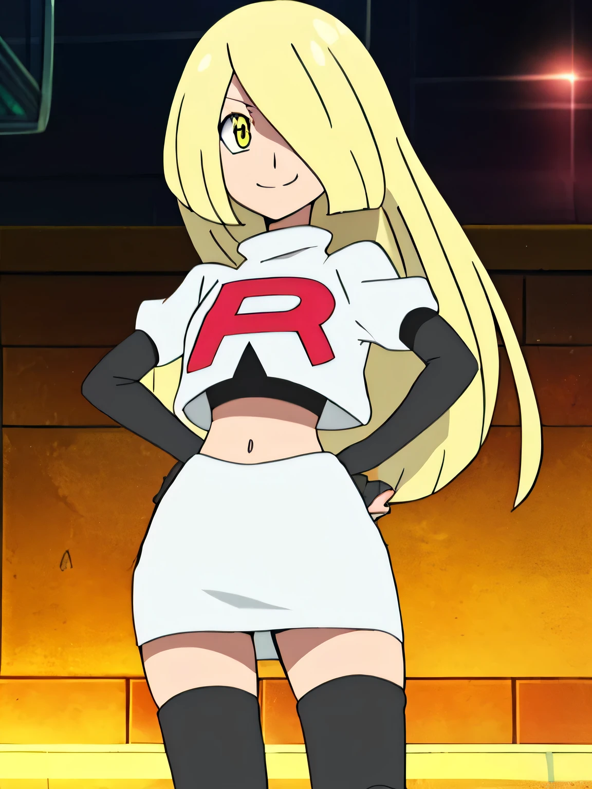 8k, masterpiece,highres, team rocket uniform, red letter r, white skirt,white crop top,black thigh-high boots, black elbow gloves, smiling, looking down at viewer, hands on hips, cowboy shot, zettai ryouiki,from below, black panties,anime style, vivid colors, sharp focus, intense lighting,pokemoncynthia, blonde hair, hair ornament, hair over one eye, long hair, (yellow eyes:1.5)