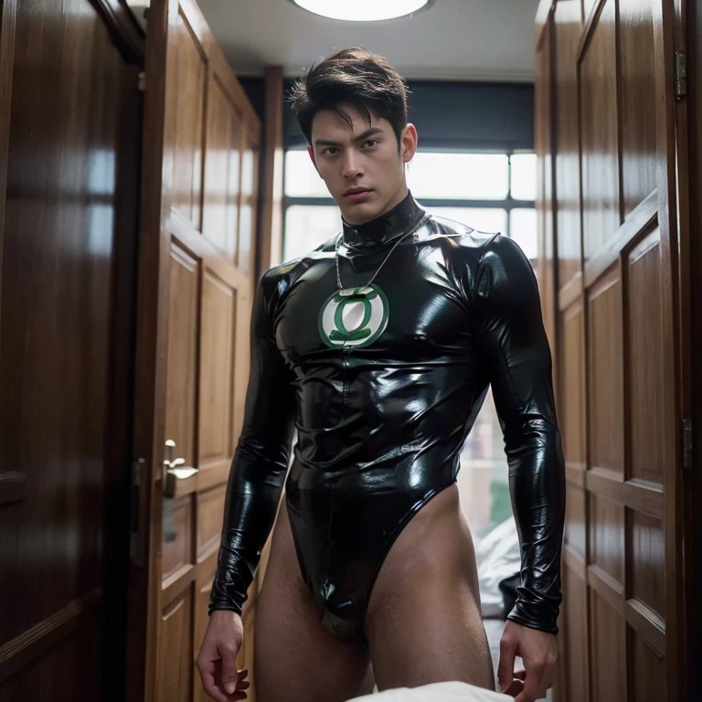 Green Lantern by DC Comics, In the fortress of solitude, Parece legal, (ultra realisticlustration), (high resolution), (8k), (Very detailed), (best illustration), (best quality), (ultra detalhado), (master part), solo, (dinamismo), Dark Studio, traje azul com bandeira do brasil , latex , full length shot , huge bulge , angle from bottom, nsfw , sexy , eroticism , super tight bodysuit , ((bare thighs)) , high waisted bodysuit , ((bare buttocks)) , sexy , exposed , torn outfit , puffy nipples , masculine boy