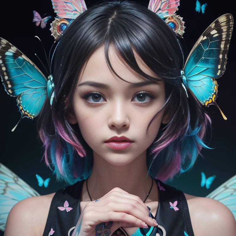 (((medium full shot))), (Masterpiece, photorealistic, photorealism, best quality, ultra-detailed:1.3), (nice hands, perfect hands), official art, cinematic light, (1girl:1.3), adult, ((harajuku fashion)),double exposure,fusion of fluid abstract art,glitch,(original illustration composition),(fusion of limited color, maximalism artstyle, geometric artstyle, butterflies, junk art),