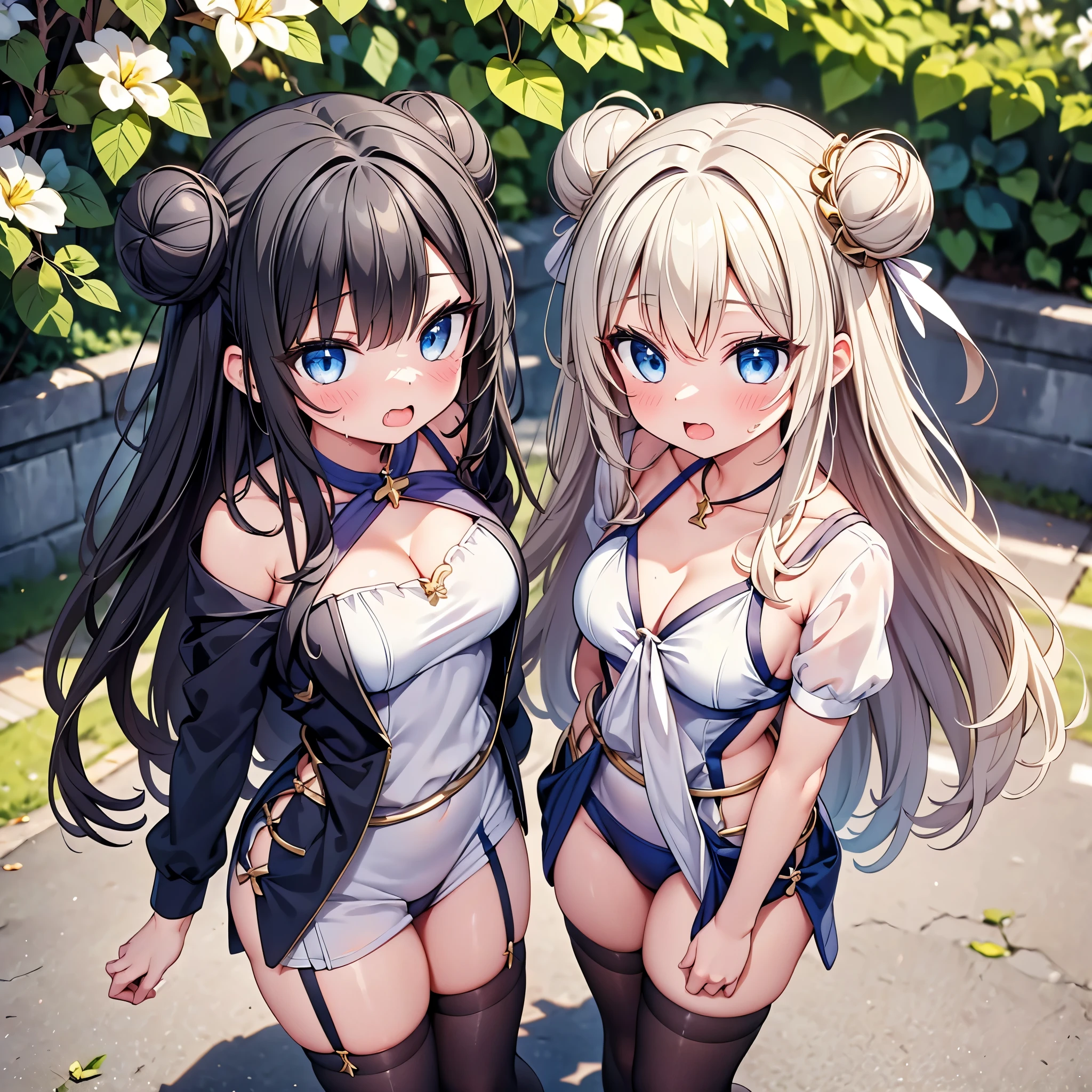 highest quality,wonderful,finely,extremely detailed CG Unity 8K wallpaper, (Stand in line:1.2), (3 girls, cute eyes, Black Hair, Blue Eyes, double bun, clothed), (sparkling eyes:1.2), (small breasts), (wariza:1.4), (cleavage), (open mouth:1.1), (long tongue:1.1), (mouth drool:1.1), (black stockings:1.1),(Thighs:1.2),(Waistline:1.1),(Waistline), (From above:1.4)