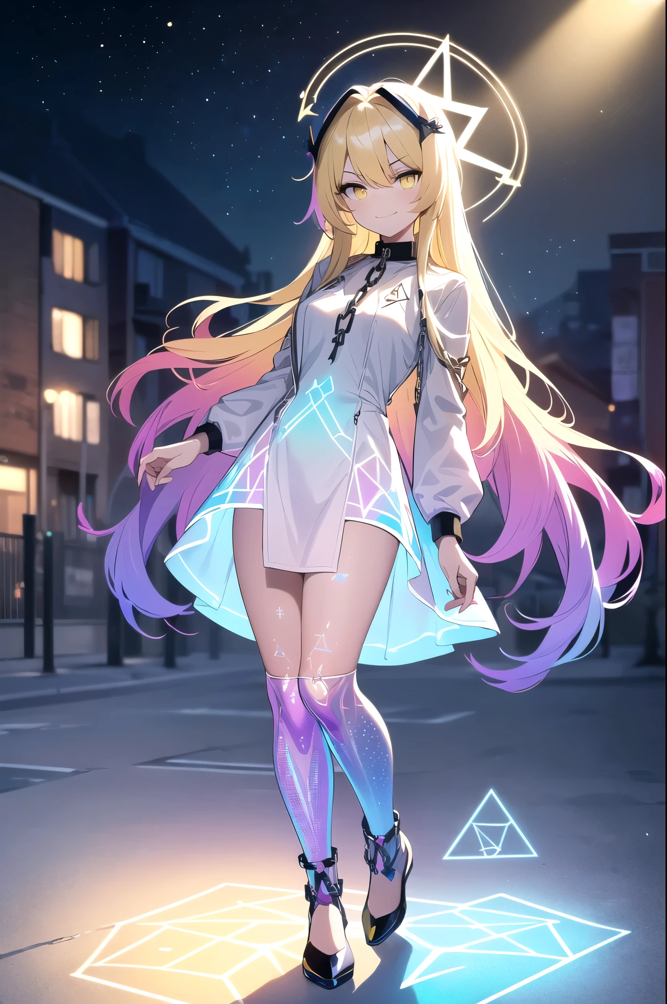 (blonde hair, long hair, sidelocks), (eyes with a mix of yellow and blue irises:1.5), two-tone eyes, multicolored eyes gradient eyes, white and blue jacket with constellation prints, (best quality,4k,8k,highres,masterpiece:1.2), ultra-detailed, portraits, (HDR:1.1), (vivid colors:1.1), (studio lighting), (bokeh), (highly saturated colors), (soft lighting), (detailed background), (subtle shadows), (ethereal glow), (pastel color palette), (delicate details), (sublime beauty), (feminine charm), (crisp focus), (fine brushwork), (impeccable craftsmanship), (emotional depth), (captivating storytelling), (intriguing narrative), (impressive realism), (exceptional artistry), (masterpiece-worthy), (awe-inspiring), blonde hair, very long hair, sidelocks, (eyes with a mix of yellow and blue irises:1.5), (two-tone eyes:1.5), (multicolored irises:1.5), multicolored eyes (gradient eyes:1.5), white and blue jacket with constellation prints, metallic skirt, (smug:1.5), (smirk), naughty face, mischievous, futuristic clothing, science fiction setting, high-tech, glowing eyes, (unicursal hexagram-shaped irises), (full body:1.5), (chains:1.5), (holographic halo:1.5), (unicursal hexagram halo:1.5), xuer hologram Laser dress