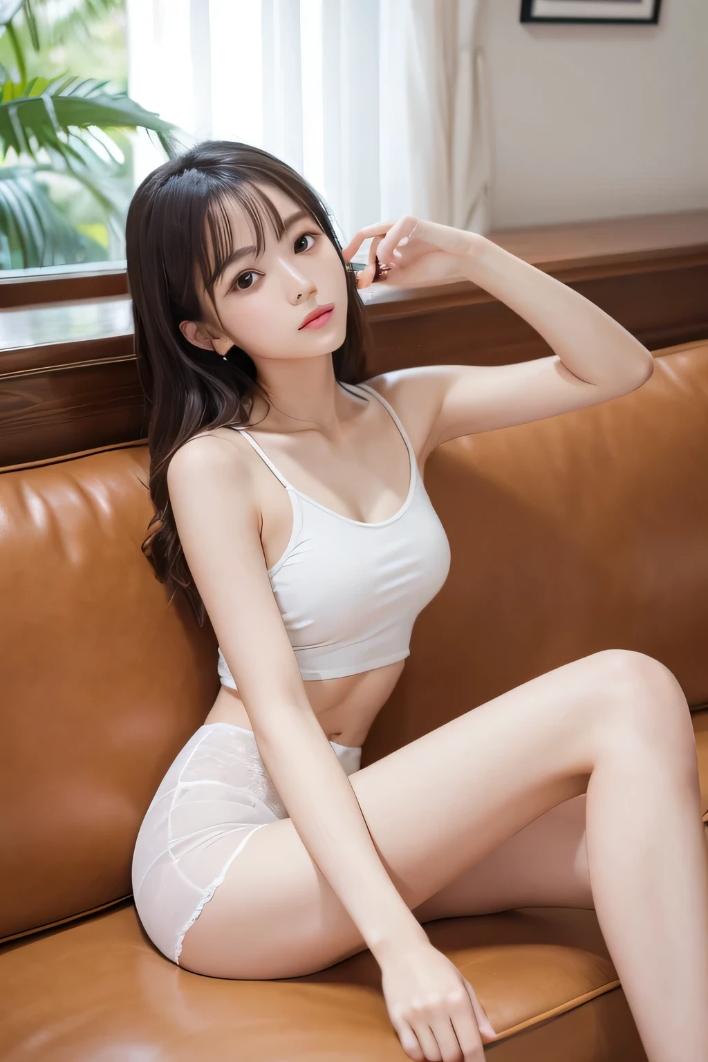 8k,highest quality,masterpiece,Ultra-high resolution,SLR,Japanese,Thin body type,Thin arms,Thin legs,summer,10th Generation,Western-style room,Sitting on the sofa,White camisole