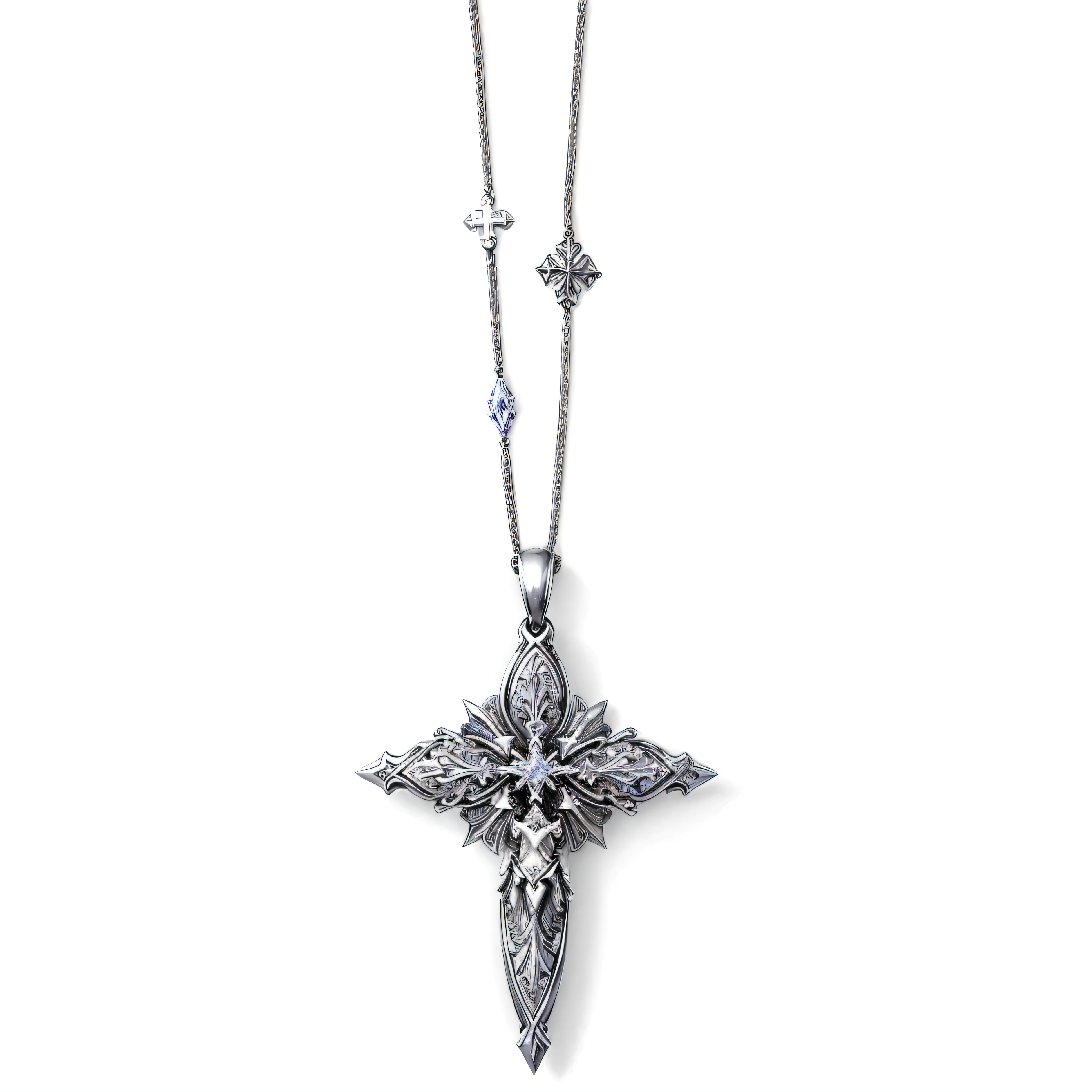 Close up of a cross pendant with a chain on a white background, ankh necklace, 圣cross, enchanting, Fantastic, Vivid details, Ankh pendant, Amazing, Amazing quality, teach, cross, The Minimalists, Crisp details, Epic shock, Top angle view, Powerful details, serene, new, Angelic, VS, gem, Belief, very beautiful