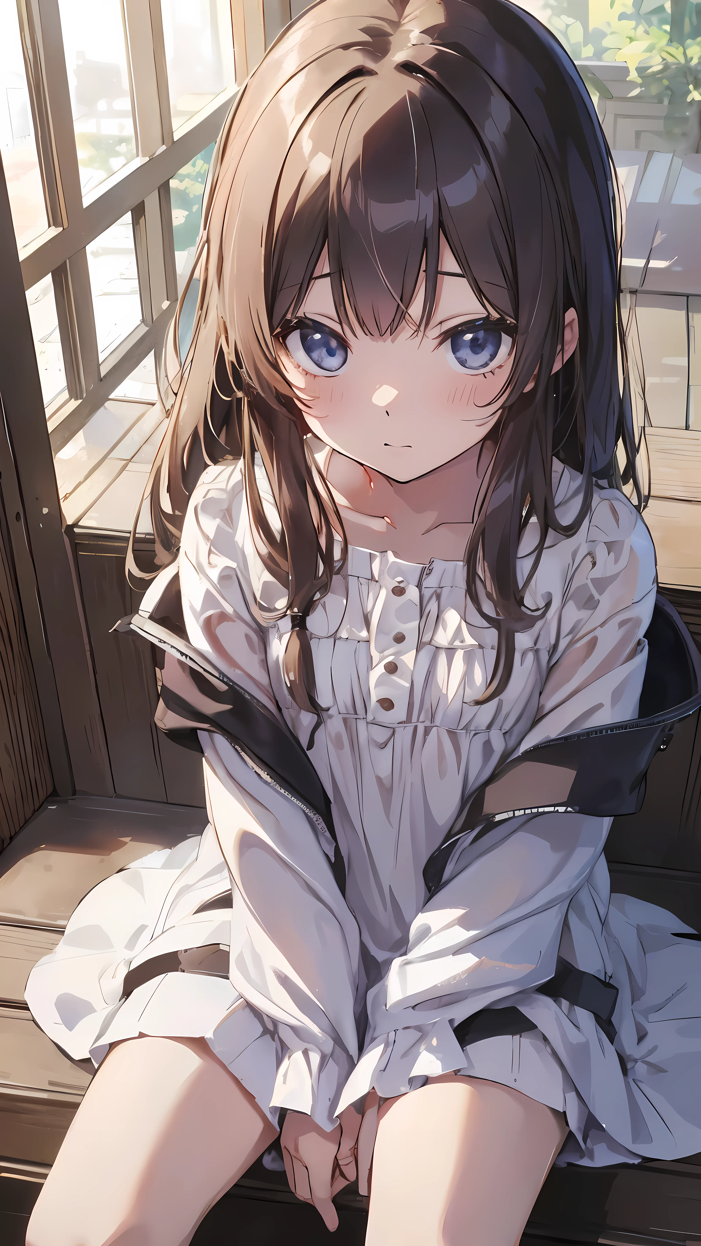 Masterpiece、Highest quality、highest quality、Wet Hair、(((Lori)))、((((Petite))))、Shiny hair quality、Small face、Sitting、Super detailed, beautiful, wide eyes、Ultra-detailed, clear and beautiful faces、(cute illustration:1.2), High-resolution, ultra-detailed, best quality, embarrassed
