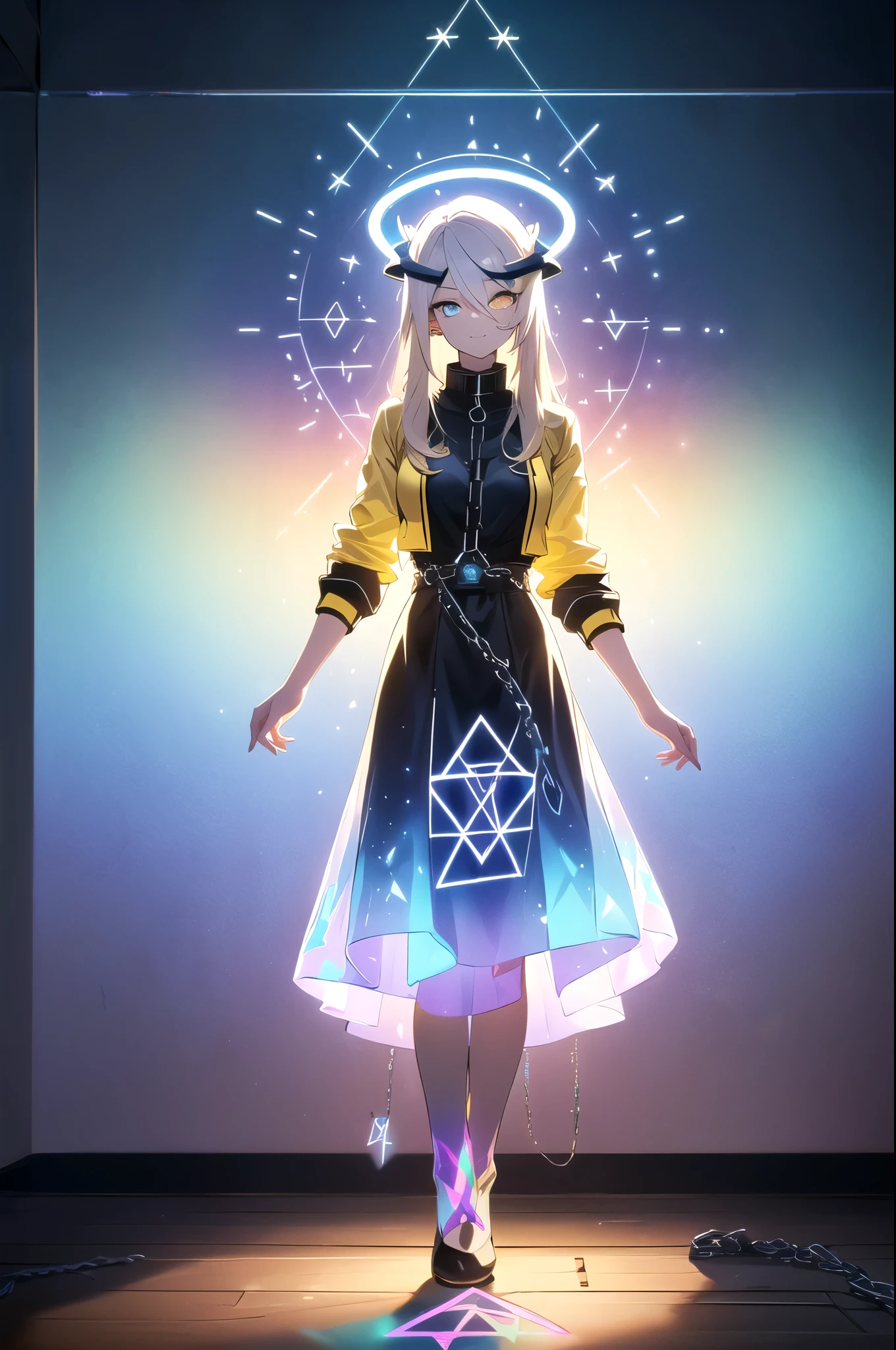 (blonde hair, long hair, sidelocks), (eyes with a mix of yellow and blue irises:1.5), two-tone eyes, multicolored eyes gradient eyes, white and blue jacket with constellation prints, (best quality,4k,8k,highres,masterpiece:1.2), ultra-detailed, portraits, (HDR:1.1), (vivid colors:1.1), (studio lighting), (bokeh), (highly saturated colors), (soft lighting), (detailed background), (subtle shadows), (ethereal glow), (pastel color palette), (delicate details), (sublime beauty), (feminine charm), (crisp focus), (fine brushwork), (impeccable craftsmanship), (emotional depth), (captivating storytelling), (intriguing narrative), (impressive realism), (exceptional artistry), (masterpiece-worthy), (awe-inspiring), blonde hair, very long hair, sidelocks, (eyes with a mix of yellow and blue irises:1.5), (two-tone eyes:1.5), (multicolored irises:1.5), multicolored eyes (gradient eyes:1.5), white and blue jacket with constellation prints, metallic skirt, (smug:1.5), (smirk), naughty face, mischievous, futuristic clothing, science fiction setting, high-tech, glowing eyes, (unicursal hexagram-shaped irises), (full body:1.5), (chains:1.5), (holographic halo:1.5), (unicursal hexagram halo:1.5), xuer hologram Laser dress