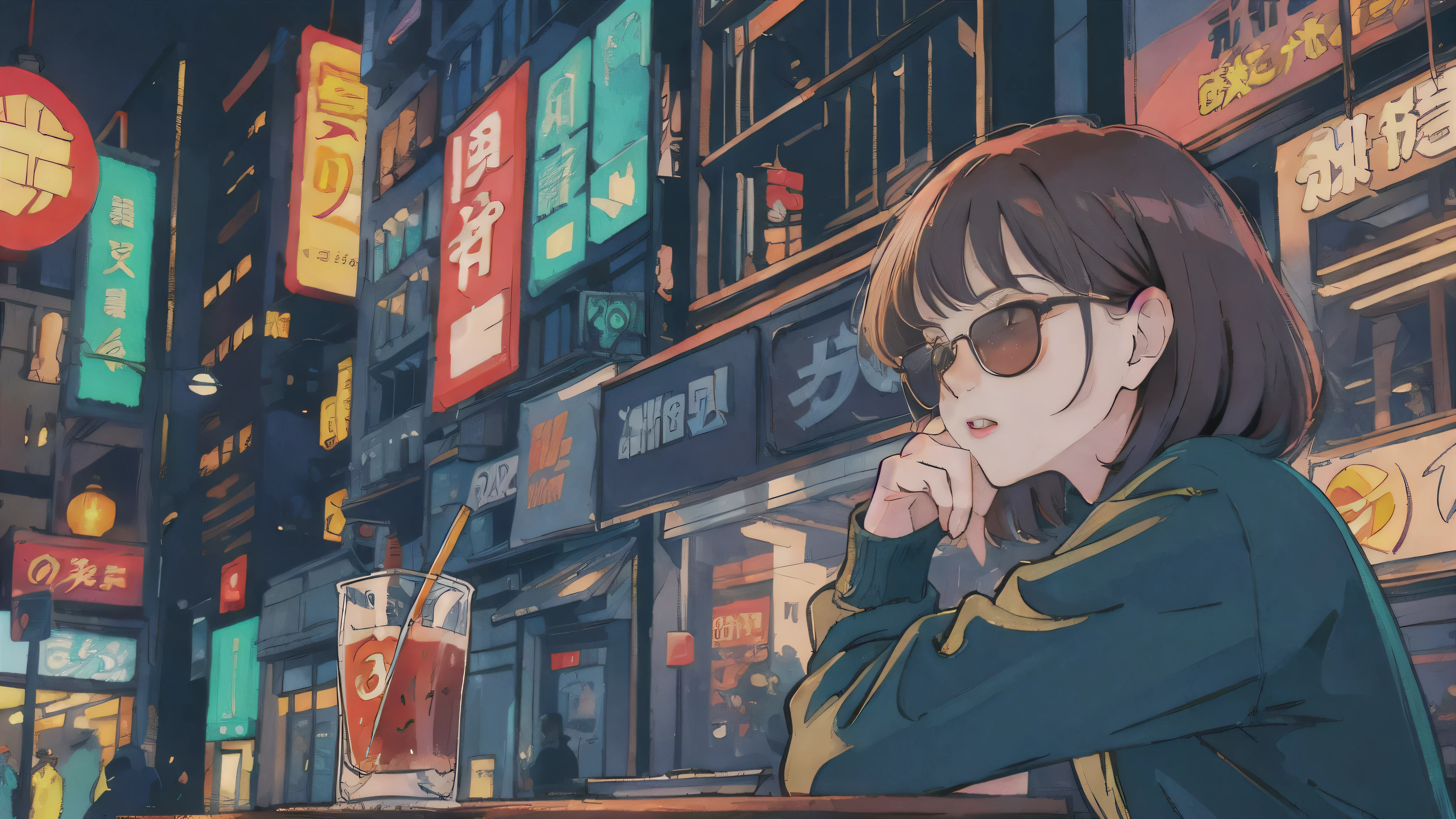 Beautiful redhead Asian girl sitting in a restaurant at night, Visible from the window, Perfect Face, sunglasses, Smoking white Taylormade cigarettes, Neon Black, (Backlit: 1.1), Three-dimensional shadows, masterpiece, highest quality, complicated, Model shooting style, Vintage, Film Grain, Incomplete details