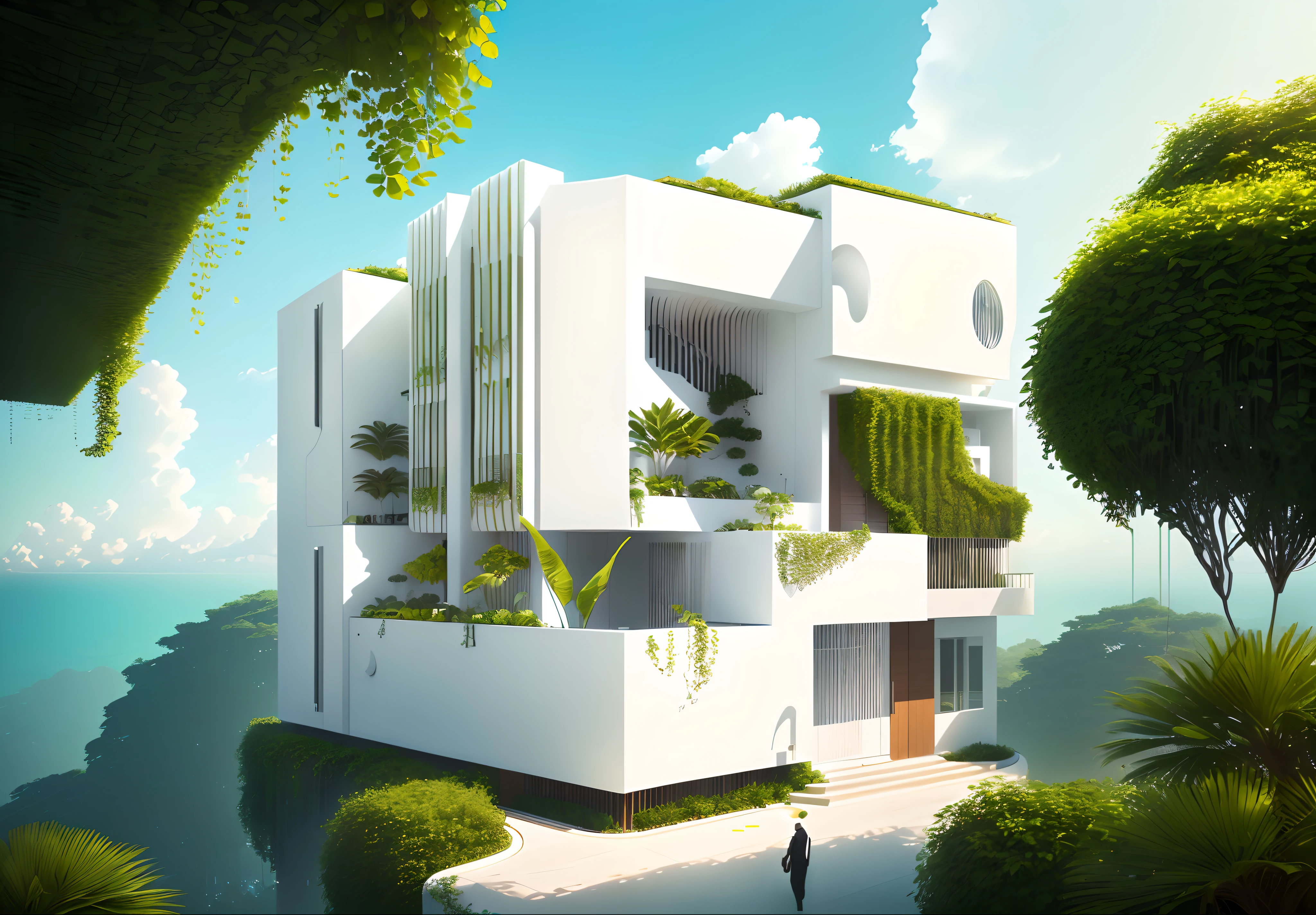 there is a white building with a balcony and a balcony at the top, vue de face, condo moderne et luxuriant comme vitrine, archaic, Plant architecture, une architecture, primé en architecture, villa interdimensionnelle, middle view, vue de face, outside view, plantes sur les balcons, outside, avec beaucoup de végétation, vu d&#39;en bas, architecture durable