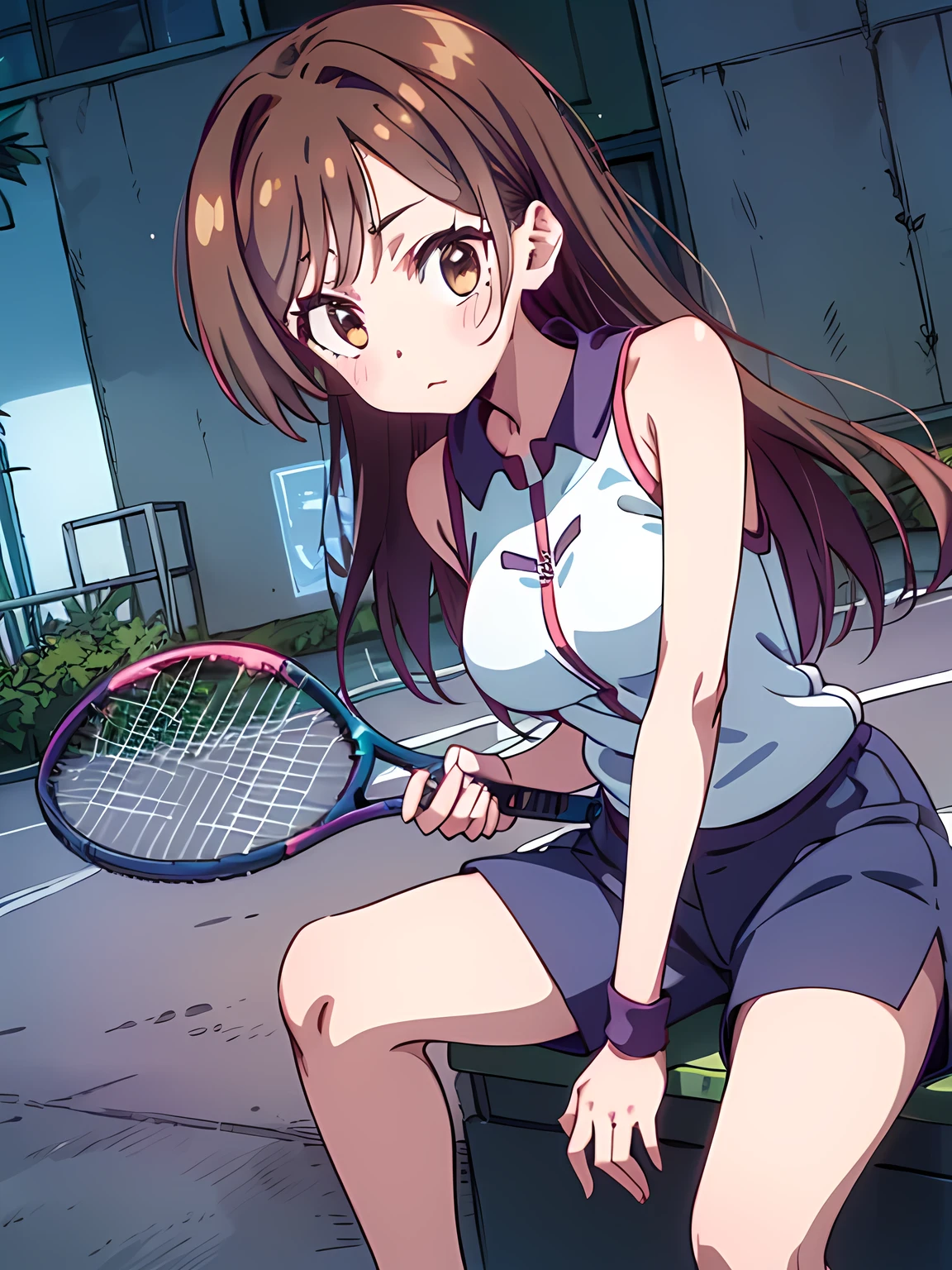 chizuru mizuhara, holding a tennis racket, sportswear, shorts, looking at the screen, super cute