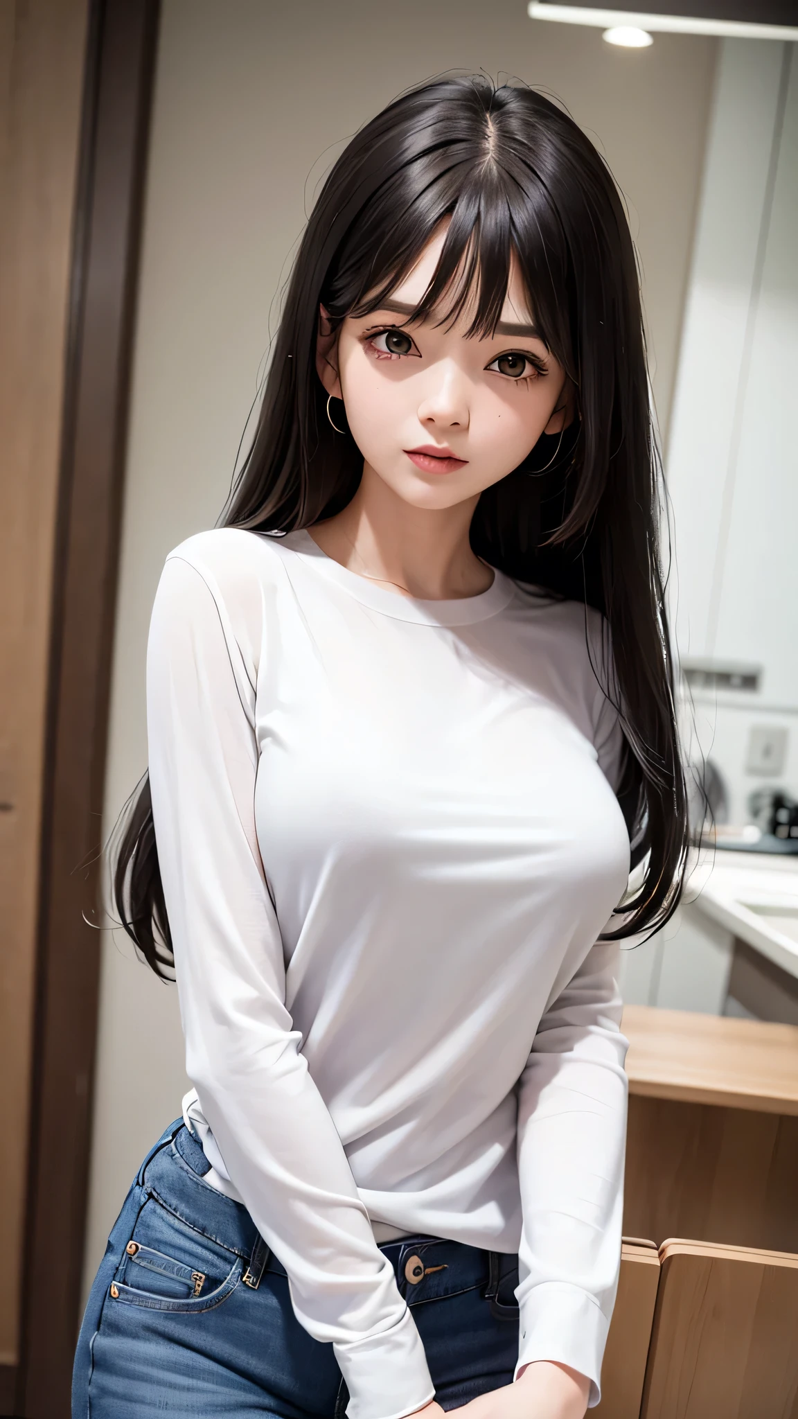 Black-haired girl,Wearing white shirt and jeans,Clear facial features,HD,4K