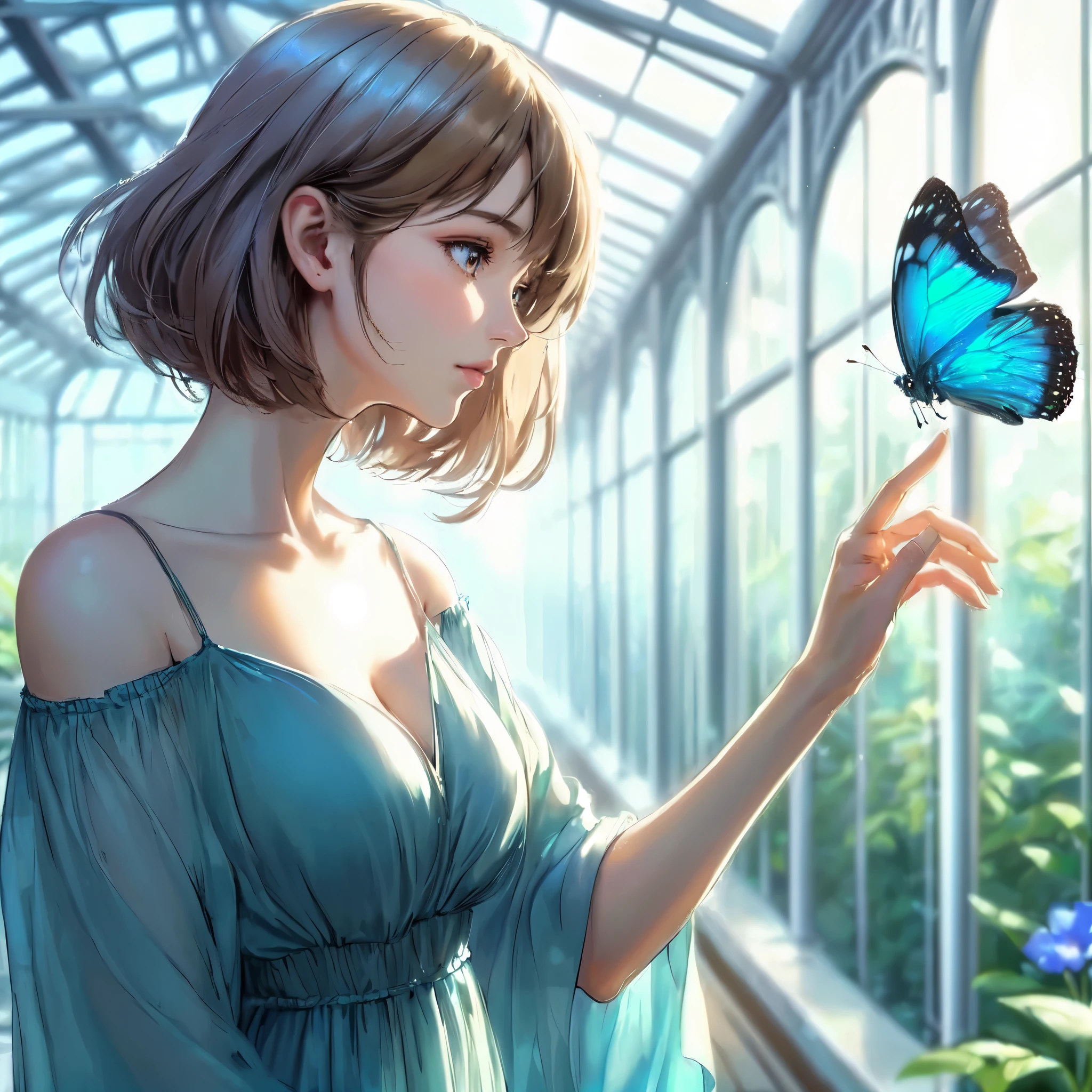 1lady solo, profile, (one hand up) (extending index finger gently), (blue butterfly landing on index finger), (cool and stylish dress), mature female, /(beige brown hair/) bangs, (light smile:0.8), (masterpiece best quality:1.2) delicate illustration ultra-detailed, large breasts BREAK (blue butterfly perching on index finger), (realistic blue butterfly:1.1), (glowing wings:1.1) BREAK (stylish greenhouse) indoors, plants, (soft lighting) noon, detailed background