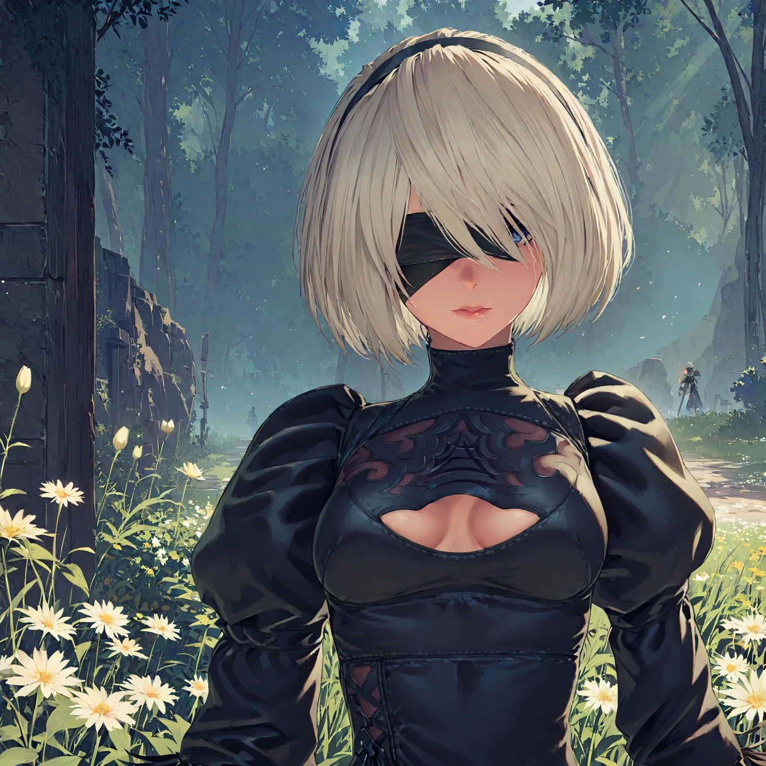 automata inspired、Nier Automata Characters、Nier Automata Cosplay、(High Resolution、4k、highest quality) Inspired by Nier、A girl in a black outfit holding a sword: Automata。Girls、((Both eyes are completely covered with a black blindfold.))、Delicate and beautiful silvery white short hair、Beautiful detailed lips、And has a highly detailed face with fine skin texture。She stands in a garden of brilliant colors、Surrounded by blooming flowers。The garden is lit by soft natural light.、It creates a peaceful atmosphere。The girl&#39;s black outfit is made of shiny leather material.、Gives a stylish and futuristic look。In his hand he holds a silver sword、Reflecting sunlight。The blade is intricately engraved、The craftsmanship shines through。Girl&#39;s hair blowing in the wind、Adds dynamic movement to the scene。The overall image is realistic and photorealistic.、Sharp focus and vibrant colors、Enhances visual impact。This artwork is from Nier : Automataの本質を捉えており、It pays tribute to the iconic character 2b.。
