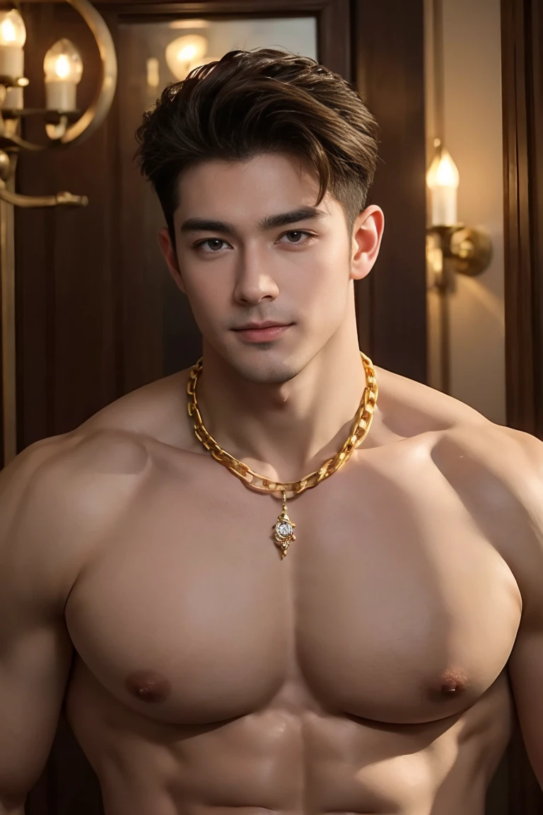 (masterpiece, best quality:1.2), 1 person, Single attractive man,With eyes like heaven, delicate brown hair, magic , Attractive appearance, Mysterious smile, Very beautiful face , Detailed facial images, Large Breasts,Long nipples , Full and swollen chest muscles,naked ,Handsome man! Diamonds in the ears. A gold chain hangs around his neck,Highest quality full body photos of cute boys!
