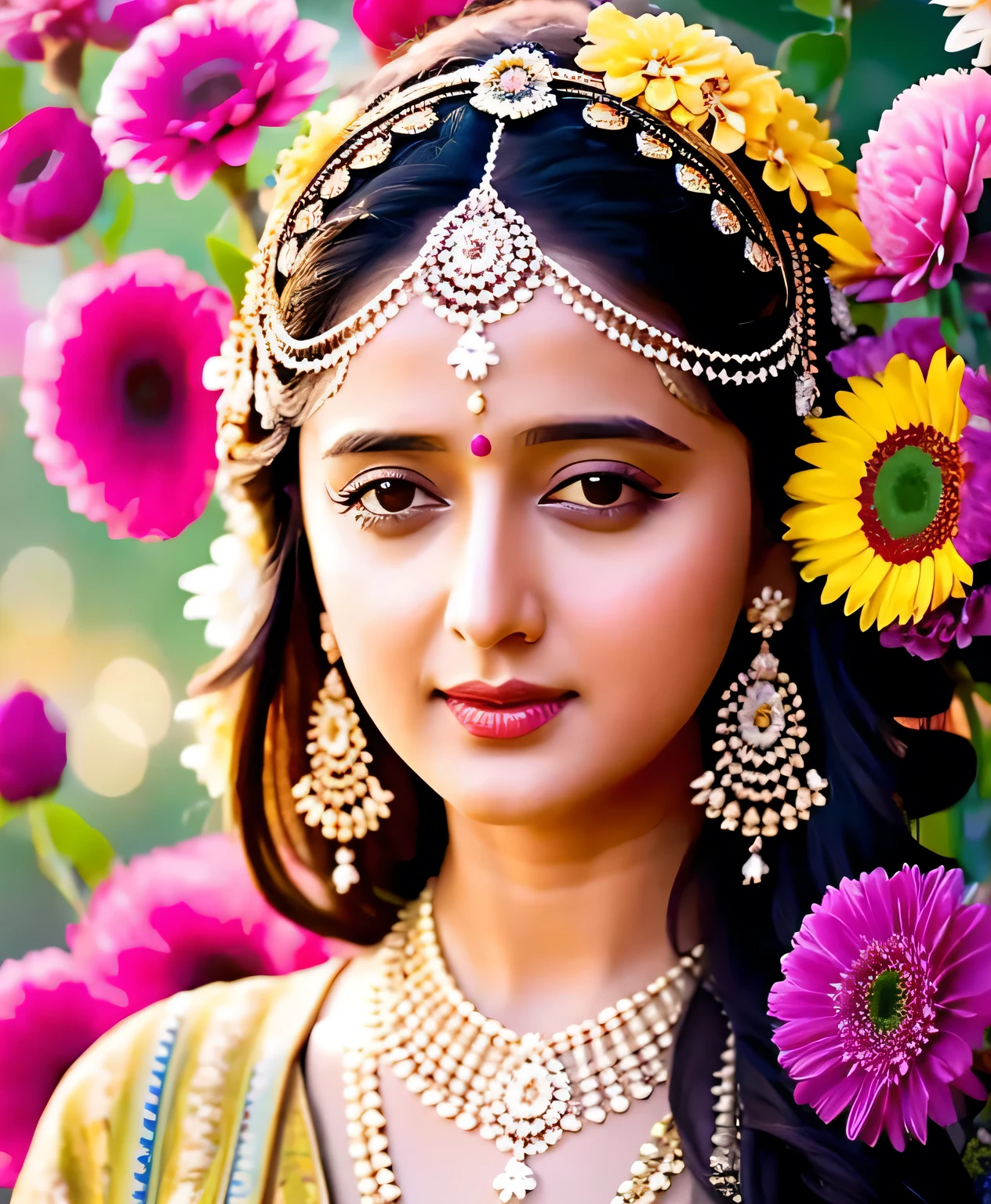 Looks like hka Shetty, arafed portrait of a woman with flowers in her hair, woman in flowers, girl in flowers, surreal beautiful young woman, perky woman made of petals, flower storm portrait, beautiful art uhd 4 k, karol bak uhd, the girl made out of flowers, covered with flowers, girl in a bed of flowers, beautiful gorgeous digital art