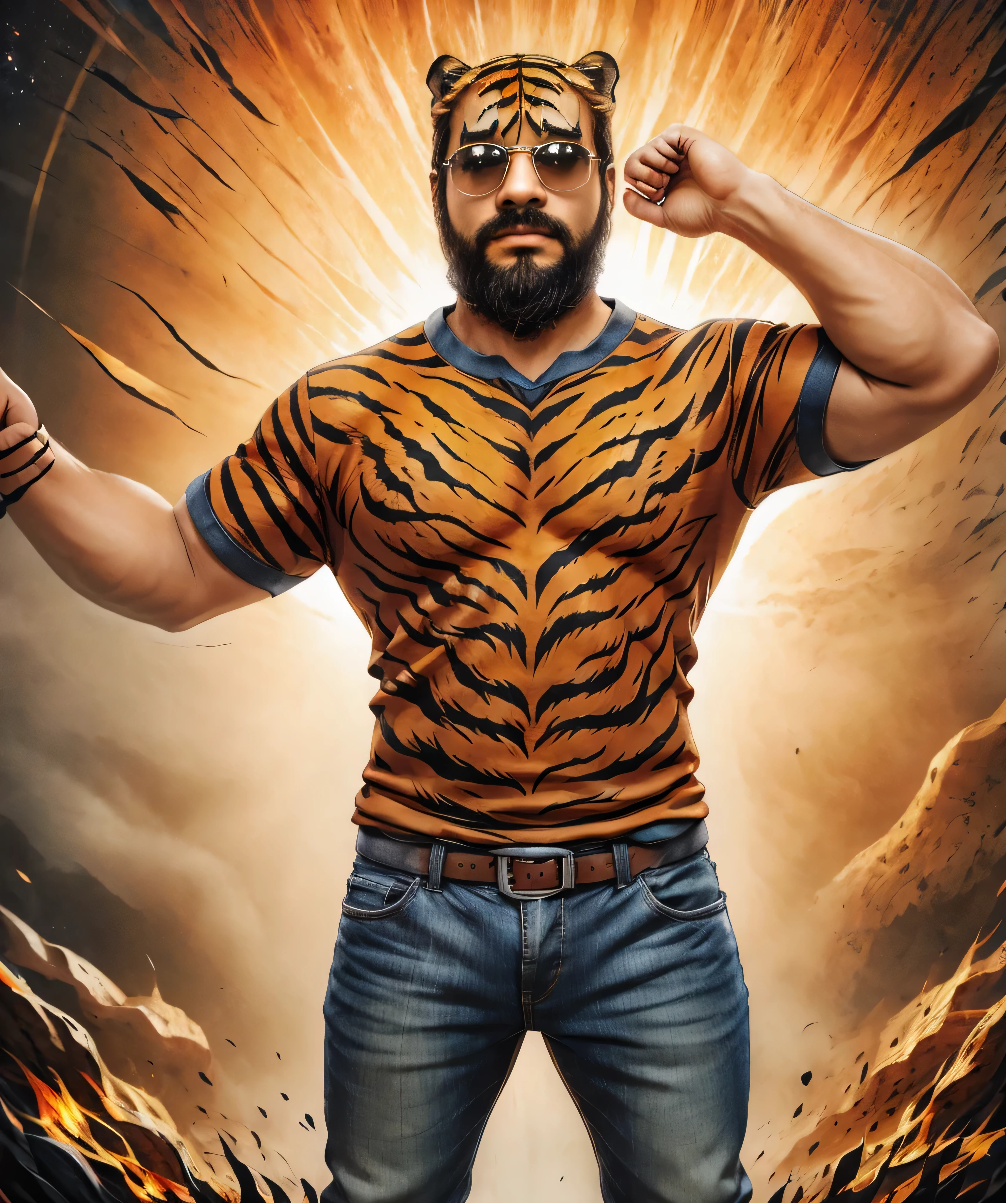 Obra maestra, desenfoque de campo, Parte superior del cuerpo, Hands in pants pockets, 38 year old chubby man with beard and square sunglasses.. Man in tiger shirt in a space movie with a sunburst in the background.
