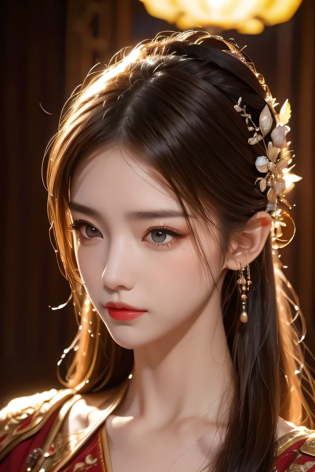 High-quality work,Realistic works,Super premium graphics,8K HD CG works,high quality graphics,High-definition and exquisite CG works,10x pixels,Ultra-fine details:1.1,Advanced technical details:1.1Realistic photo effects,Interior lighting effects:1.5,natural soft light:1.5. Light effect(Virtual light effects:1.8),ultra high resolution,shining dress,sliver long hair,silber hair,transparenthair,high detailed hair(Quality hair details:1.1)Clear eyes,Double eyelids look good,Sharp eye makeup, Create exquisite eyelash makeup, tthin eyebrows, Ultra-detailed eyes,a tall nose, lovely red lips, rosey cheeks, With delicate makeup on her face , pretty face, The face shape is perfectly proportioned,(Advanced facial details:1.1)Fantastic beautiful background,There is a strong sense of layering,Sable Cicada in Glory of Kings is a beautiful and enchanting character,Her physical features are as follows: long whitr hair:The hair of mink cicadas is usually long black or dark red hair,The shawl goes down,Sometimes combed into different hairstyles,It is common to have double ponytails tied up on the sides or scattered on the shoulders。 The eye:She has big, bright eyes,It is usually a flexible semi-curved shape,The eyes appear a deep black or brown color。 eyebrows very:The eyebrows of the mink cicada are slender and elegant,You may wear some delicate eyebrow makeup,Makes the entire face more three-dimensional and refined。 Face:Her face shape is usually slender and soft oval in shape,with fair and smooth skin,Exquisite makeup。Her facial features are evenly distributed,The forehead is broad,The nose is straight,Plump lip shape。 garments:Sable cicadas like to wear fancy costumes,Clothes inspired by ancient Chinese court costumes are often chosen。Common clothing features include robes、Belt and intricate embroidery。Color aspect,She often wears red、Purple or gold clothing,to show her dignity and ench,Women's artwork,Dress full body video,Realism,Amazing Cleavage,My eyes are very bright today