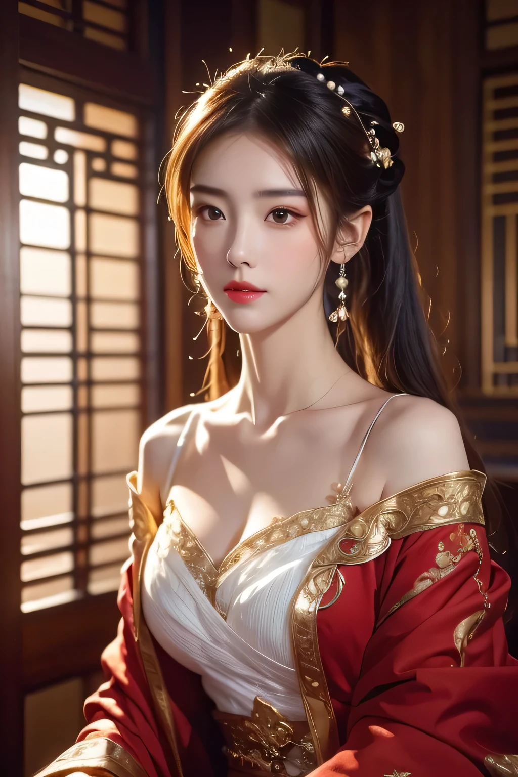High-quality work,Realistic works,Super premium graphics,8K HD CG works,high quality graphics,High-definition and exquisite CG works,10x pixels,Ultra-fine details:1.1,Advanced technical details:1.1Realistic photo effects,Interior lighting effects:1.5,natural soft light:1.5. Light effect(Virtual light effects:1.8),ultra high resolution,shining dress,sliver long hair,silber hair,transparenthair,high detailed hair(Quality hair details:1.1)Clear eyes,Double eyelids look good,Sharp eye makeup, Create exquisite eyelash makeup, tthin eyebrows, Ultra-detailed eyes,a tall nose, lovely red lips, rosey cheeks, With delicate makeup on her face , pretty face, The face shape is perfectly proportioned,(Advanced facial details:1.1)Fantastic beautiful background,There is a strong sense of layering,Sable Cicada in Glory of Kings is a beautiful and enchanting character,Her physical features are as follows: long whitr hair:The hair of mink cicadas is usually long black or dark red hair,The shawl goes down,Sometimes combed into different hairstyles,It is common to have double ponytails tied up on the sides or scattered on the shoulders。 The eye:She has big, bright eyes,It is usually a flexible semi-curved shape,The eyes appear a deep black or brown color。 eyebrows very:The eyebrows of the mink cicada are slender and elegant,You may wear some delicate eyebrow makeup,Makes the entire face more three-dimensional and refined。 Face:Her face shape is usually slender and soft oval in shape,with fair and smooth skin,Exquisite makeup。Her facial features are evenly distributed,The forehead is broad,The nose is straight,Plump lip shape。 garments:Sable cicadas like to wear fancy costumes,Clothes inspired by ancient Chinese court costumes are often chosen。Common clothing features include robes、Belt and intricate embroidery。Color aspect,She often wears red、Purple or gold clothing,to show her dignity and ench,Women's artwork,Dress full body video,Realism,Amazing Cleavage,My eyes are very bright today