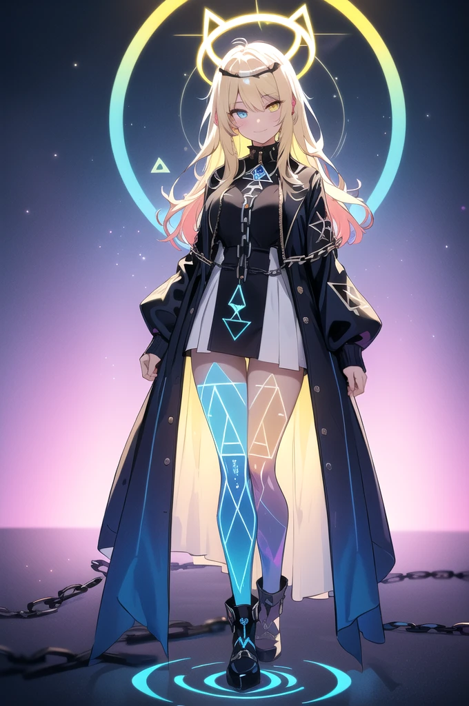 (blonde hair, long hair, sidelocks), (eyes with a mix of yellow and blue irises:1.5), two-tone eyes, multicolored eyes gradient eyes, white and blue jacket with constellation prints, (best quality,4k,8k,highres,masterpiece:1.2), ultra-detailed, portraits, (HDR:1.1), (vivid colors:1.1), (studio lighting), (bokeh), (highly saturated colors), (soft lighting), (detailed background), (subtle shadows), (ethereal glow), (pastel color palette), (delicate details), (sublime beauty), (feminine charm), (crisp focus), (fine brushwork), (impeccable craftsmanship), (emotional depth), (captivating storytelling), (intriguing narrative), (impressive realism), (exceptional artistry), (masterpiece-worthy), (awe-inspiring), blonde hair, very long hair, sidelocks, (eyes with a mix of yellow and blue irises:1.5), (two-tone eyes:1.5), (multicolored irises:1.5), multicolored eyes (gradient eyes:1.5), white and blue jacket with constellation prints, metallic skirt, (smug:1.5), (smirk), naughty face, mischievous, futuristic clothing, science fiction setting, high-tech, glowing eyes, (unicursal hexagram-shaped irises), (full body:1.5), (chains:1.5), (holographic halo:1.5), (unicursal hexagram halo:1.5), xuer hologram Laser dress