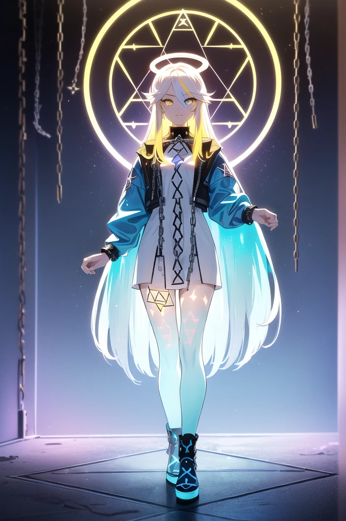 (blonde hair, long hair, sidelocks), (eyes with a mix of yellow and blue irises:1.5), two-tone eyes, multicolored eyes gradient eyes, white and blue jacket with constellation prints, (best quality,4k,8k,highres,masterpiece:1.2), ultra-detailed, portraits, (HDR:1.1), (vivid colors:1.1), (studio lighting), (bokeh), (highly saturated colors), (soft lighting), (detailed background), (subtle shadows), (ethereal glow), (pastel color palette), (delicate details), (sublime beauty), (feminine charm), (crisp focus), (fine brushwork), (impeccable craftsmanship), (emotional depth), (captivating storytelling), (intriguing narrative), (impressive realism), (exceptional artistry), (masterpiece-worthy), (awe-inspiring), blonde hair, very long hair, sidelocks, (eyes with a mix of yellow and blue irises:1.5), (two-tone eyes:1.5), (multicolored irises:1.5), multicolored eyes (gradient eyes:1.5), white and blue jacket with constellation prints, metallic skirt, (smug:1.5), (smirk), naughty face, mischievous, futuristic clothing, science fiction setting, high-tech, glowing eyes, (unicursal hexagram-shaped irises), (full body:1.5), (chains:1.5), (holographic halo:1.5), (unicursal hexagram halo:1.5), xuer hologram Laser dress