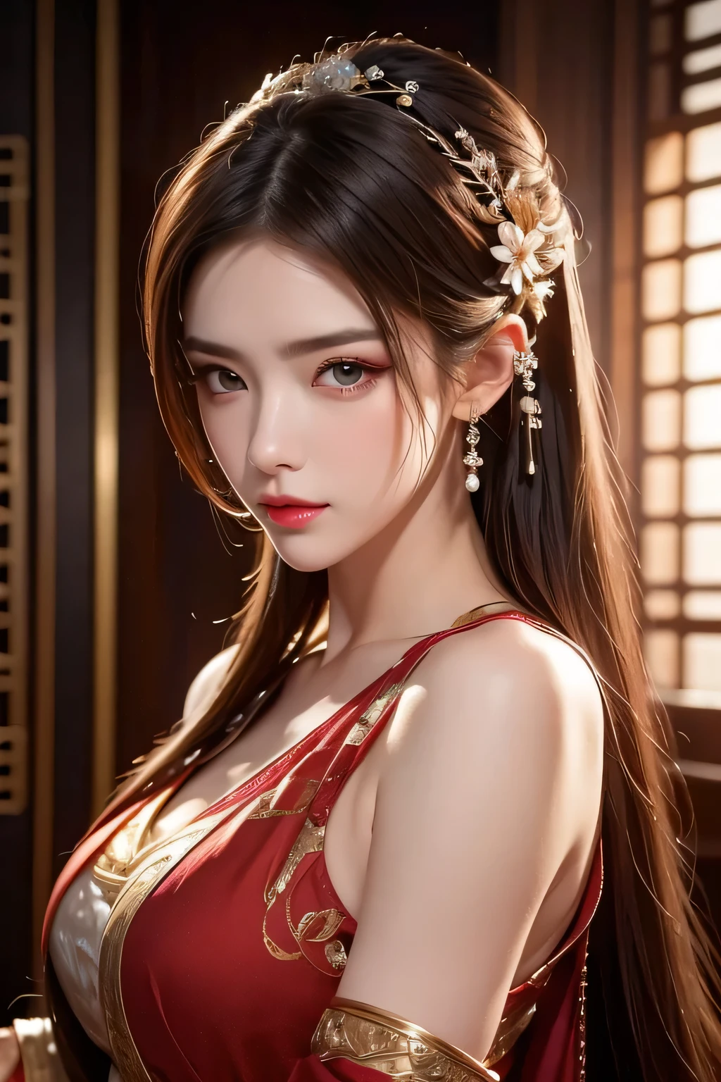 High-quality work，Realistic works，Super premium graphics，8K HD CG works，high quality graphics，High-definition and exquisite CG works，10x pixels，Ultra-fine details：1.1，Advanced technical details：1.1Realistic photo effects，Interior lighting effects：1.5，natural soft light：1.5. Light effect（Virtual light effects：1.8），ultra high resolution，shining dress，sliver long hair，silber hair，transparenthair，high detailed hair（Quality hair details：1.1）Clear eyes，Double eyelids look good，Sharp eye makeup, Create exquisite eyelash makeup, tthin eyebrows, Ultra-detailed eyes，a tall nose, lovely red lips, rosey cheeks, With delicate makeup on her face , pretty face, The face shape is perfectly proportioned,（Advanced facial details：1.1）Fantastic beautiful background，There is a strong sense of layering，Sable Cicada in Glory of Kings is a beautiful and enchanting character，Her physical features are as follows： long whitr hair：The hair of mink cicadas is usually long black or dark red hair，The shawl goes down，Sometimes combed into different hairstyles，It is common to have double ponytails tied up on the sides or scattered on the shoulders。 The eye：She has big, bright eyes，It is usually a flexible semi-curved shape，The eyes appear a deep black or brown color。 eyebrows very：The eyebrows of the mink cicada are slender and elegant，You may wear some delicate eyebrow makeup，Makes the entire face more three-dimensional and refined。 Face：Her face shape is usually slender and soft oval in shape，with fair and smooth skin，Exquisite makeup。Her facial features are evenly distributed，The forehead is broad，The nose is straight，Plump lip shape。 garments：Sable cicadas like to wear fancy costumes，Clothes inspired by ancient Chinese court costumes are often chosen。Common clothing features include robes、Belt and intricate embroidery。Color aspect，She often wears red、Purple or gold clothing，to show her dignity and ench，Women's artwork，Dress full body video，Realism，Amazing Cleavage，My eyes are very bright today
