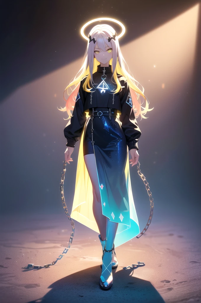 (blonde hair, long hair, sidelocks), (eyes with a mix of yellow and blue irises:1.5), two-tone eyes, multicolored eyes gradient eyes, white and blue jacket with constellation prints, (best quality,4k,8k,highres,masterpiece:1.2), ultra-detailed, portraits, (HDR:1.1), (vivid colors:1.1), (studio lighting), (bokeh), (highly saturated colors), (soft lighting), (detailed background), (subtle shadows), (ethereal glow), (pastel color palette), (delicate details), (sublime beauty), (feminine charm), (crisp focus), (fine brushwork), (impeccable craftsmanship), (emotional depth), (captivating storytelling), (intriguing narrative), (impressive realism), (exceptional artistry), (masterpiece-worthy), (awe-inspiring), blonde hair, very long hair, sidelocks, (eyes with a mix of yellow and blue irises:1.5), (two-tone eyes:1.5), (multicolored irises:1.5), multicolored eyes (gradient eyes:1.5), white and blue jacket with constellation prints, metallic skirt, (smug:1.5), (smirk), naughty face, mischievous, futuristic clothing, science fiction setting, high-tech, glowing eyes, (unicursal hexagram-shaped irises), (full body:1.5), (chains:1.5), (holographic halo:1.5), (unicursal hexagram halo:1.5), xuer hologram Laser dress