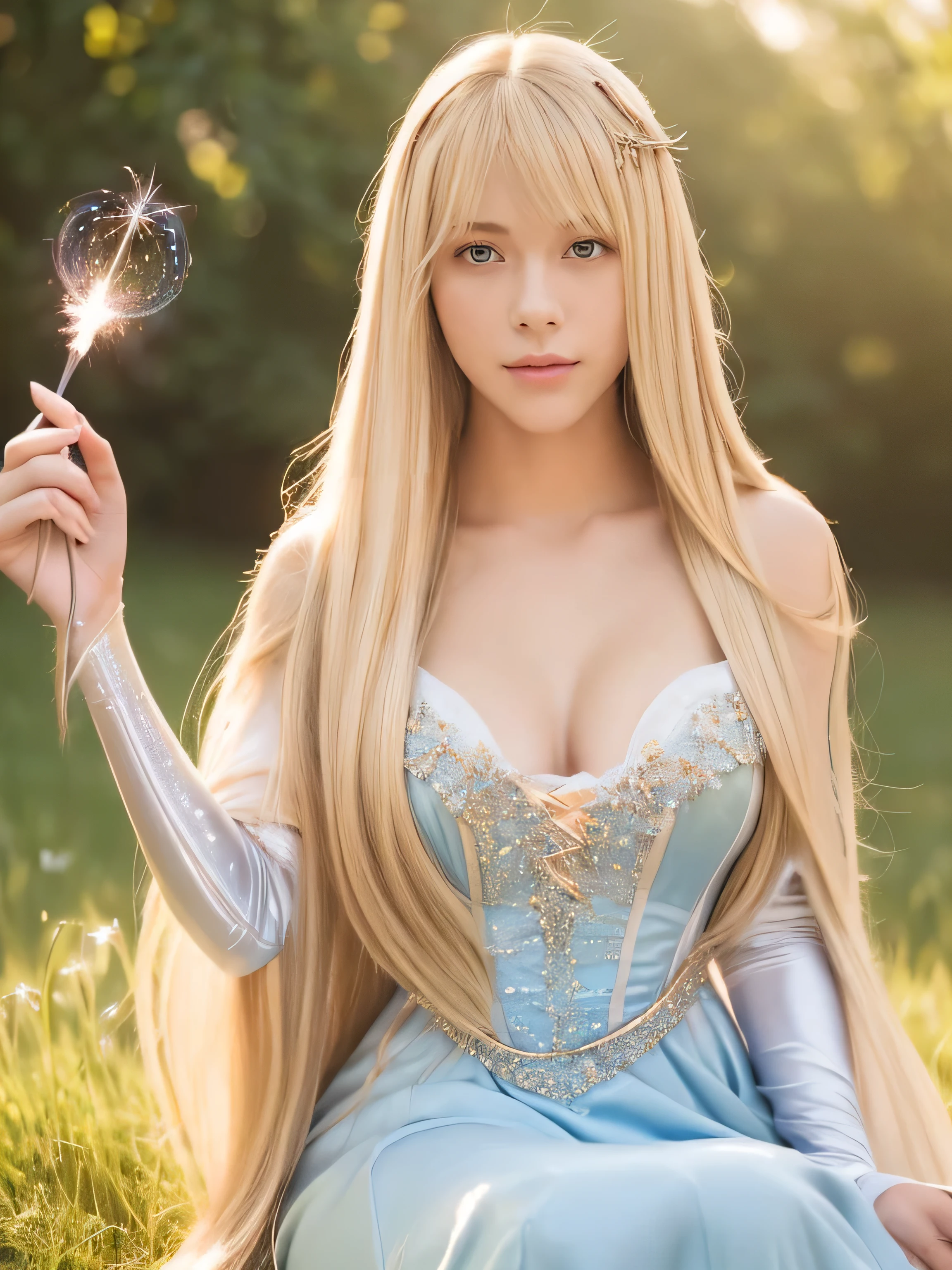((Full Shot:1.3))　(Big Tits 1.4)　((highest quality)), ((masterpiece)), (Get used to it), Perfect Face　(1 girl)　(French)　(She is 18 years old、The cutest and most beautiful fantasy girls from France)　((highest quality)), ((masterpiece)), length blonde hair 　length, Shiny golden hair,Golden Silky Hair, Straight blonde hair, length blonde straight hair, Perfect Silky Straight Hair, Straight blonde hair, length blonde hair, Her hair is long and straight, detailed length blonde hair　((big 1.4))　Super Long Hair down to the ankles　((Neat bangs　The neatly trimmed bangs are princess cut and cover the entire forehead........))...　bright crimson lips　good, Anatomically correct hand　Thin fingers　Anatomically correct five fingers　Sexy professional makeup　Beautiful French girl face, French facial features, Long Hair shiny Long Hair, length, Shiny golden hair, length, Straight Golden Hair, Her hair is long and straight, Super Long Hair girl, Silky Hair, length blonde hair, Silky Hair, length, Flat Hair, Silky texture, Long Hair, length, flowing blonde hair, thin and shiny hair　Anatomically correct、White beautiful human skin and detail of hands and fingers　Beautiful Eyes　Mouth Details　the corners of the mouth rise slightly　Cool look　　(The eyebrows are dark brown in color)　　(She is wearing the gorgeous blue dress worn by Cinderella in the live-action version.　Disney Color Photos、tumbler、Renaissance、Cinderella、She is wearing a gorgeous white Victorian dress..)　(This is a European meadow in the 16th century.:1.5)　(She holds a healing wand、Posed as if casting a healing spell。.:2.4)　(close your eyes:1.5) (Open your mouth:1.5)
