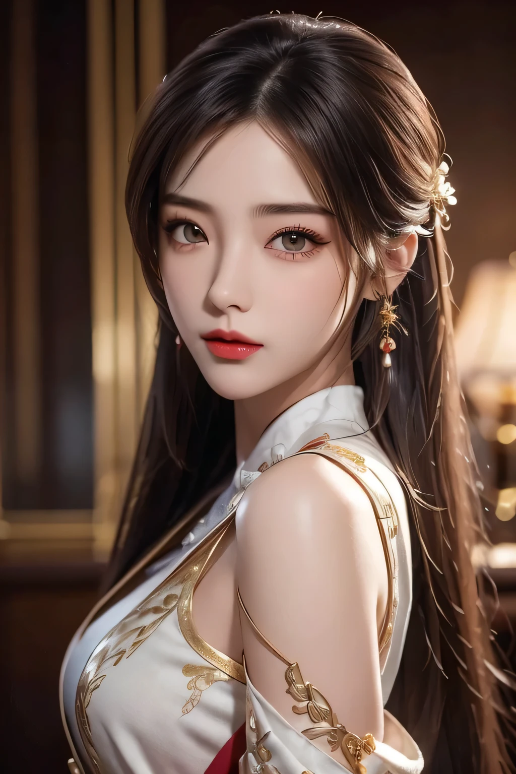 High-quality work,Realistic works,Super premium graphics,8K HD CG works,high quality graphics,High-definition and exquisite CG works,10x pixels,Ultra-fine details:1.1,Advanced technical details:1.1Realistic photo effects,Interior lighting effects:1.5,natural soft light:1.5. Light effect(Virtual light effects:1.8),ultra high resolution,shining dress,sliver long hair,silber hair,transparenthair,high detailed hair(Quality hair details:1.1)Clear eyes,Double eyelids look good,Sharp eye makeup, Create exquisite eyelash makeup, tthin eyebrows, Ultra-detailed eyes,a tall nose, lovely red lips, rosey cheeks, With delicate makeup on her face , pretty face, The face shape is perfectly proportioned,(Advanced facial details:1.1)Fantastic beautiful background,There is a strong sense of layering,Sable Cicada in Glory of Kings is a beautiful and enchanting character,Her physical features are as follows: long whitr hair:The hair of mink cicadas is usually long black or dark red hair,The shawl goes down,Sometimes combed into different hairstyles,It is common to have double ponytails tied up on the sides or scattered on the shoulders。 The eye:She has big, bright eyes,It is usually a flexible semi-curved shape,The eyes appear a deep black or brown color。 eyebrows very:The eyebrows of the mink cicada are slender and elegant,You may wear some delicate eyebrow makeup,Makes the entire face more three-dimensional and refined。 Face:Her face shape is usually slender and soft oval in shape,with fair and smooth skin,Exquisite makeup。Her facial features are evenly distributed,The forehead is broad,The nose is straight,Plump lip shape。 garments:Sable cicadas like to wear fancy costumes,Clothes inspired by ancient Chinese court costumes are often chosen。Common clothing features include robes、Belt and intricate embroidery。Color aspect,She often wears red、Purple or gold clothing,to show her dignity and ench,Women's artwork,Dress full body video,Realism,Amazing Cleavage,My eyes are very bright today