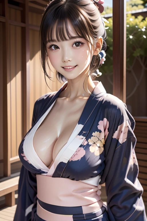 (One Girl), Very cute face, Great face and eyes, (Highly detailed eyes, Highly detailed face), Fresh, Very beautiful appearance, (Super realistic, High resolution), (highest quality:1.4), RAW Photos, (Realistic, Photorealistic:1.37), Professional photography, (pale pink floral pattern yukata:1.5), (open yukata), (wet yukata ) , (Cleavage:1.2), (Exposing shoulders), Smile a little, (Look at me), Bedroom, Portrait of a Girl  , (Huge breasts)  , (Erect nipples:1.2) , Bare shoulders 