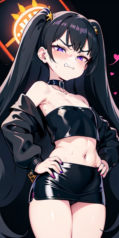 1 girl,heart-shaped pupils, hand on hips, (black hair), (purple eyes), long hair, (((long hime hair))) (blush:1.1), Upper body, trembling, Sweat, Sweatdrop, heart, (speed line:1.1), ((Flat milk)), ((heavy breathing:1.3)), like, heart, angry look, Yandere, ((LOLI)), open your mouth, ((jagged teeth)), small breasts, Black military cap, ((black jacket)), off shoulder, ((shiny latex black tube top)), ((strapless)), shiny, ((mini pencil skirt)), cowboy shot, ((hime hair)), hime cut, hime haircut, hime style, black off shoulder jacket, ((Tsundere))
