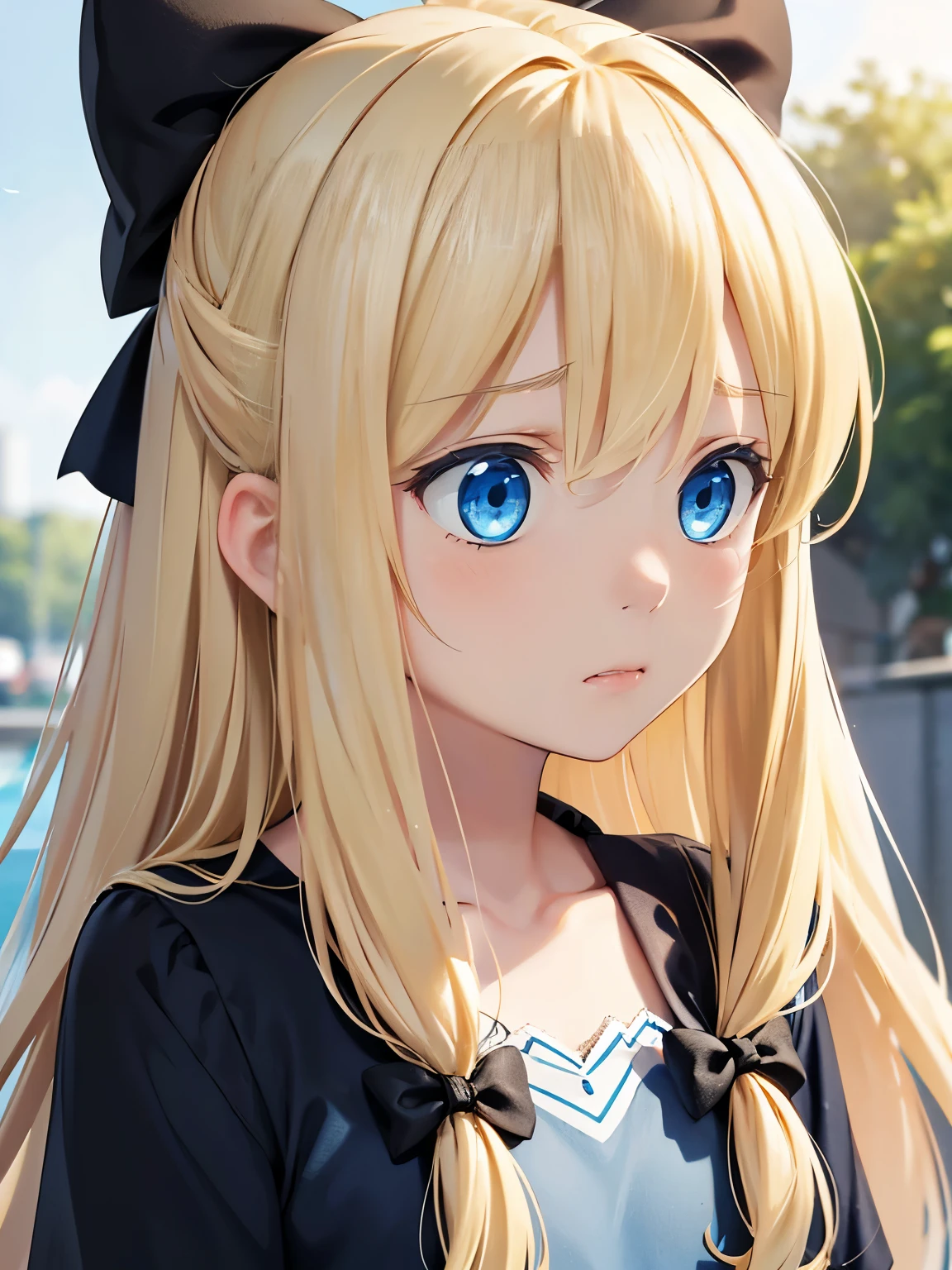 Blonde, long hair, blue eyes, black hair bows, two bows, blue shirt, white shorts, nervous, portrait, closeup, day, outside, short, woman, light blue shirt, worried, confused