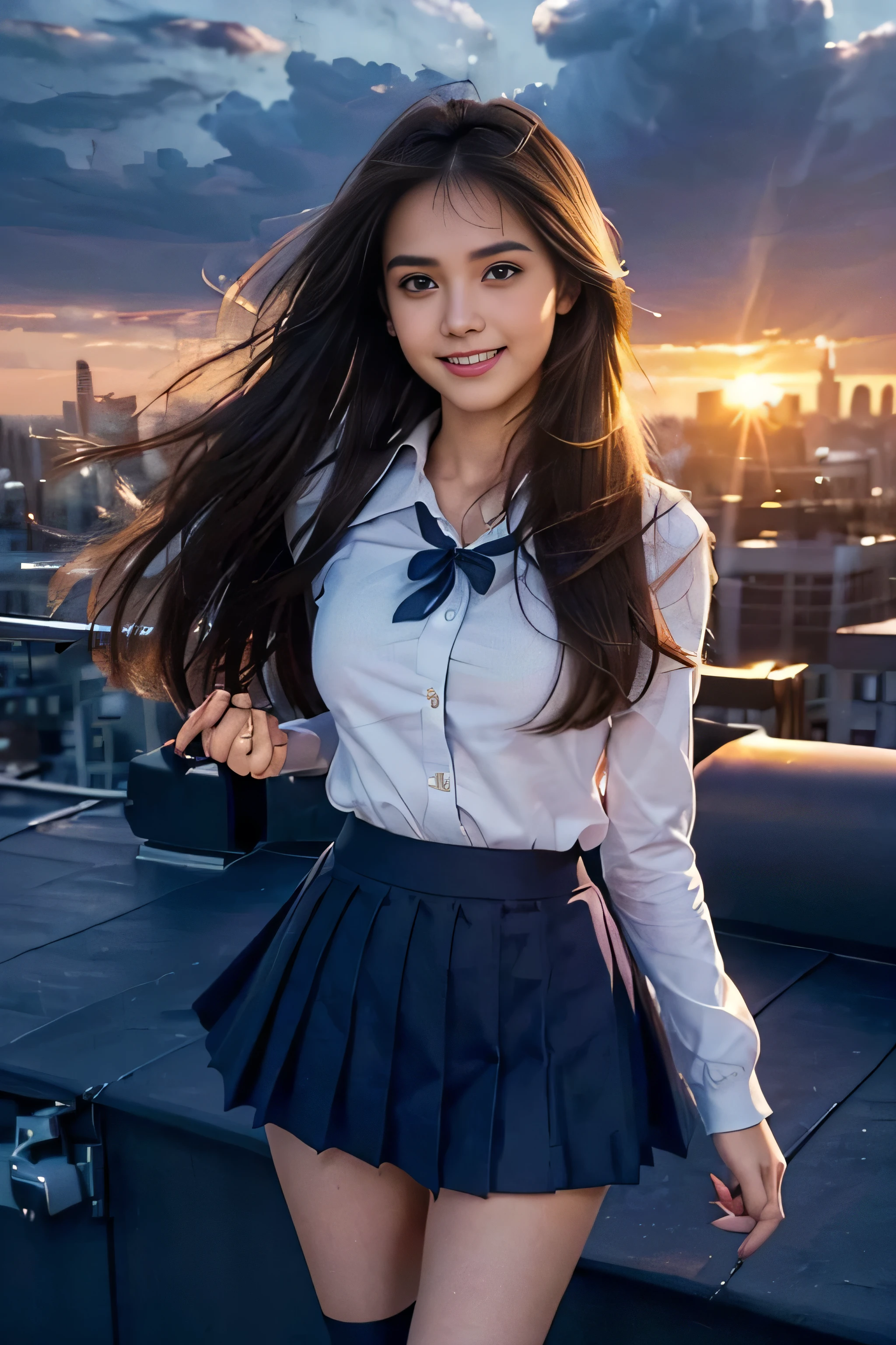 ((Beautiful girl:1.3)) ((School uniform:1.4)) ((Skirt flip:1.5)) ((Panty shot:1.5)) ((high school)) ,((Dark Blue Skirt:1.3)) ((In the classroom:1.3)) ((thin_fabric:1.4)) ((Random sexy poses:1.3)) ((Blushing:1.4)) ((chest:1.2)) ((close:1.2)) highest quality,masterpiece,Ultra-high resolution,(Realistic:1.4),RAW Photos,(Real skin texture:1.3),(Film Grain:1.3),Panorama,Portraits,Very wide shot,Tight waist,Cowboy Shot,(In the Dark, Deep Shadow, Modest, Cold Light,) night,(()),Tears flow,,Dust,Tyndall effect,(Performance),One girl,Beautiful and detailed eyes and face,White Jabot,Brown eyes,((Brown Hair:1.2)) ((whole body:1.3)) ((smile:1.3))((Long straight hair_Hair reaching down to the waist:1.3))((Directly from above:1.5)),((light rays,Tyndall effect,outdoor,cloud:1.4)),((A shy smile:1.3)),((Place your left hand gently on your chin，right hand holding chest:1.3)),　((standing on a windswept rooftop during sunset, overlooking a cityscape:1.3)),