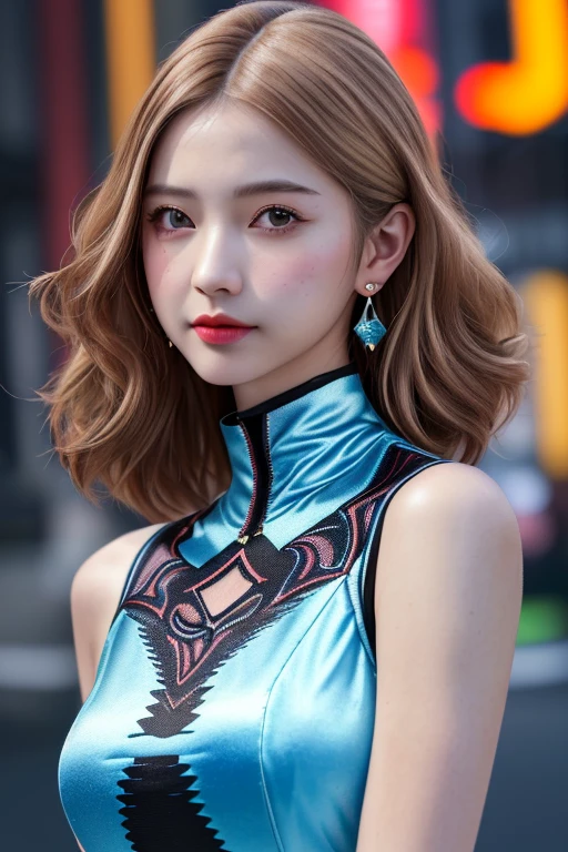 (RAW Photos, highest quality), (Realistic, Photo Realistic: 1.3), highest quality, Very detailedな, masterpiece, Hyper Detail, Kick the can, 1 girl, upper_body, Dynamic Angle, World masterpiece Theater, Messy_length_hair, highest quality, Very detailedな CG 統合 8k 壁紙, ink, wonderful, Cinema Lighting, ((Vibrant color and pattern combinations)), turtleneck,Sleeveless blouse,Silk wide pants,Black stiletto heels,beautifully,Mysterious:1.2, (One Girl:1.3), Very detailed,(Fractal Art Pattern:1.1),(colorful:1.1),Mature Woman,(Light brown shaggy hair),しなやかな長い前hair, A kind smile, (Mouth closed), (highest qualityのmasterpiece:1.2) Delicate illustrations, Most detailed,Full Body Portrait, (Street background:1.3), (Shiny skin), (Many colors:1.4), ,(Earrings), (液body金属1.5),