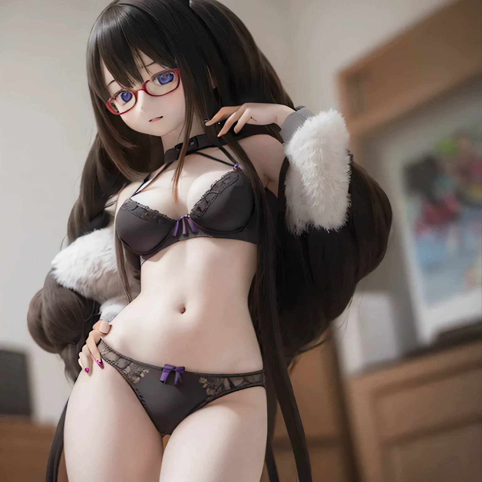 (highest quality,Realistic:1.37),Vibrant colors,Very detailed,Physically Based Rendering,"Tabletop","Expressive eyes","Perfect Face","Closed lips","Small box","barefoot","Akemi Homura standing","Black Hair","Black-rimmed glasses","(((((Sexy Underwear)))))"Sexy pose big breast