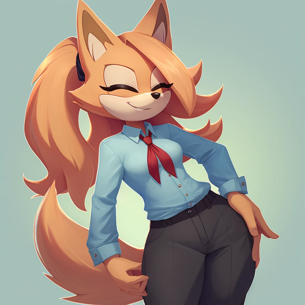 Whisper the wolf, female mobian, luxurious shirt, luxurious pants, eyes closed, arrogant smile, ponytail hair, tied hair, wolf tail, outline, Intricate Details, Masterpiece, Best Quality, High Quality, Studio Quality, Best Detail, Perfect Detail, Refine Detail.