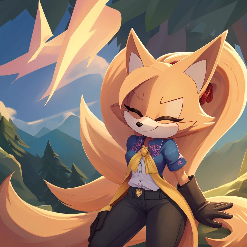 Whisper the wolf, female mobian, luxurious shirt, luxurious pants, eyes closed, arrogant smile, ponytail hair, tied hair, wolf tail, outline, Intricate Details, Masterpiece, Best Quality, High Quality, Studio Quality, Best Detail, Perfect Detail, Refine Detail.