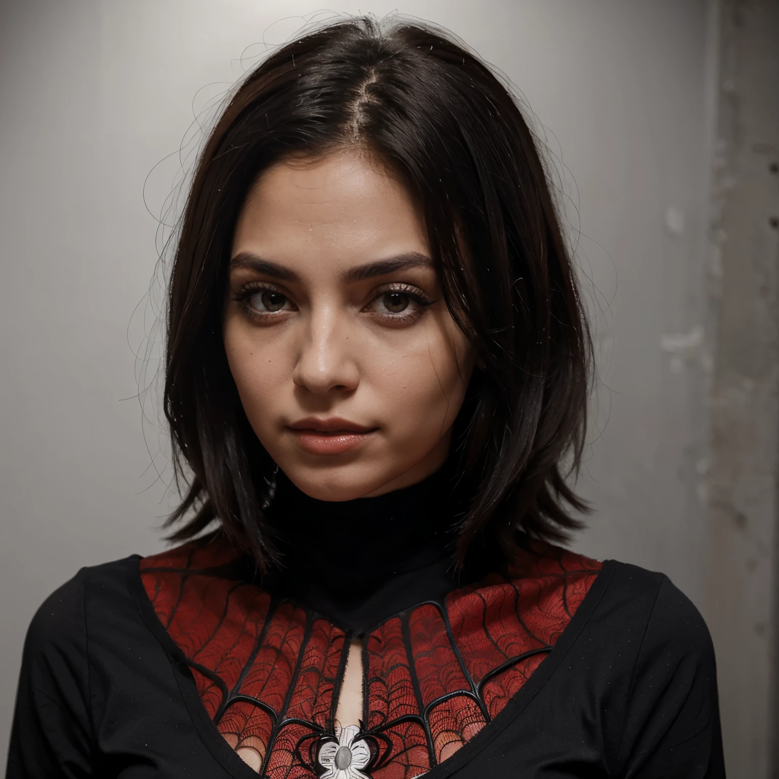 Mujer, spider, pelo blanco, ojos rojos , vestido negro ,