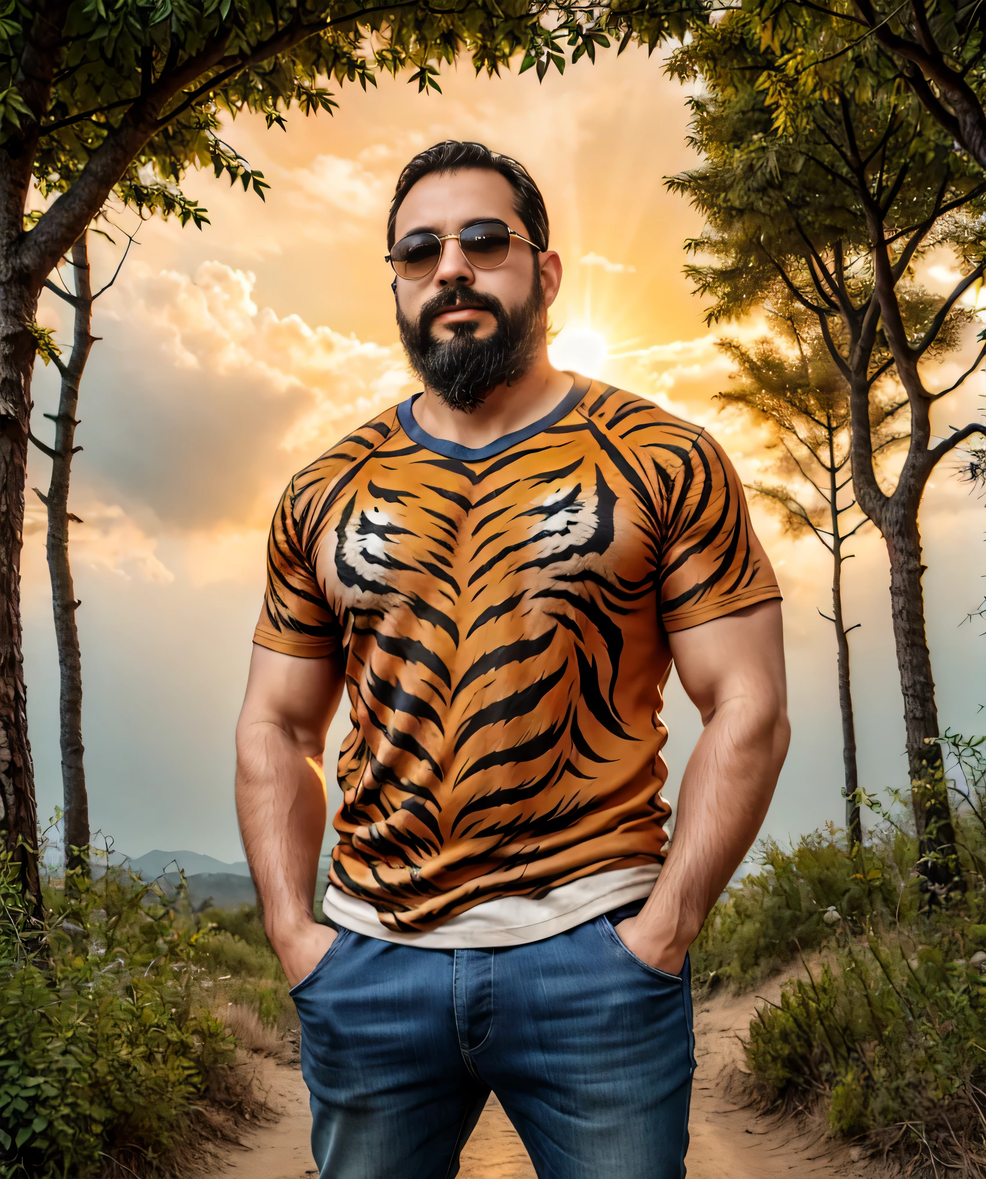 Obra maestra, desenfoque de campo, Parte superior del cuerpo, Hands in pants pockets, 38 year old chubby man with beard and square sunglasses.. Man in tiger shirt in a space movie with a sunburst in the background.