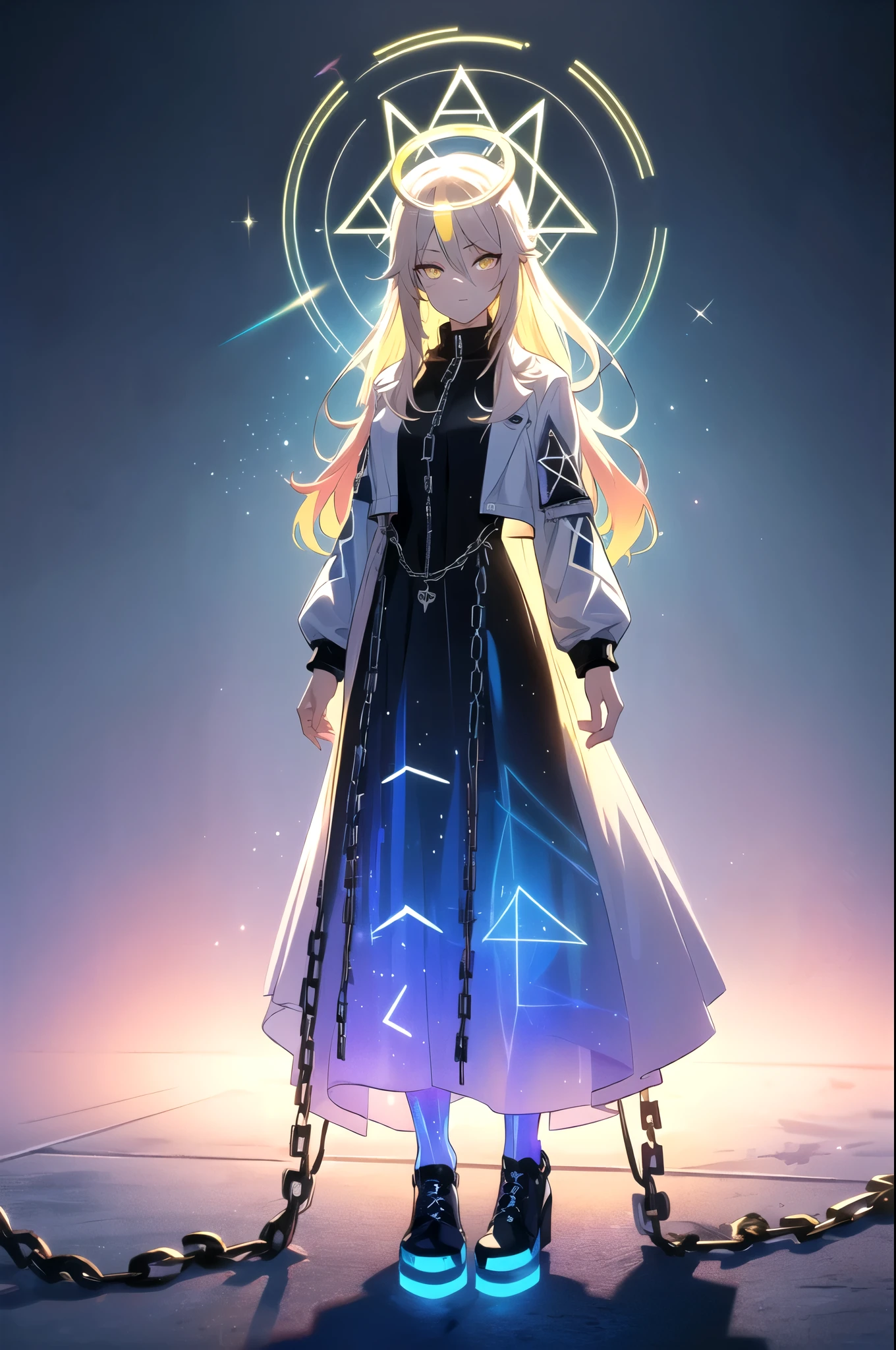 (blonde hair, long hair, sidelocks), (eyes with a mix of yellow and blue irises:1.5), two-tone eyes, multicolored eyes gradient eyes, white and blue jacket with constellation prints, (best quality,4k,8k,highres,masterpiece:1.2), ultra-detailed, portraits, (HDR:1.1), (vivid colors:1.1), (studio lighting), (bokeh), (highly saturated colors), (soft lighting), (detailed background), (subtle shadows), (ethereal glow), (pastel color palette), (delicate details), (sublime beauty), (feminine charm), (crisp focus), (fine brushwork), (impeccable craftsmanship), (emotional depth), (captivating storytelling), (intriguing narrative), (impressive realism), (exceptional artistry), (masterpiece-worthy), (awe-inspiring), blonde hair, very long hair, sidelocks, (eyes with a mix of yellow and blue irises:1.5), (two-tone eyes:1.5), (multicolored irises:1.5), multicolored eyes (gradient eyes:1.5), white and blue jacket with constellation prints, metallic skirt, (smug:1.5), (smirk), naughty face, mischievous, futuristic clothing, science fiction setting, high-tech, glowing eyes, (unicursal hexagram-shaped irises), (full body:1.5), (chains:1.5), (holographic halo:1.5), (unicursal hexagram halo:1.5), xuer hologram Laser dress