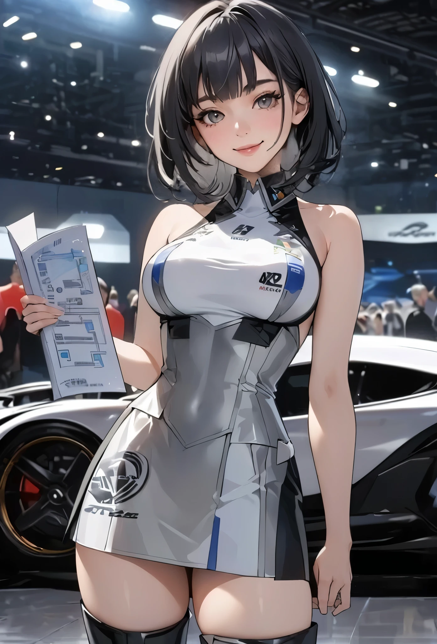 1lady solo, standing, /(grid girl/) /(silver costume with logo/) mini skirt, mature female, /(black hair/) bangs, kind smile, (masterpiece best quality high resolution 8k), delicate illustration, edge color lighting, pretty face, medium breasts, thigh boots BREAK (standing next to the latest model car), (holding pamphlet) BREAK (motor show indoors), audience, detailed background