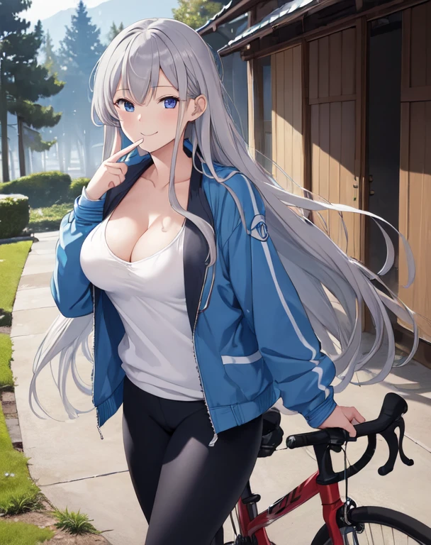 (((masterpiece))), ShizukaMikazuki, One girl, alone, View your viewers, Long Hair, Gray Hair, Long sleeve, Cleavage, Large Breasts, Mouth closed, clavicle, Jacket, Open clothes, open Jacket, blue Jacket, Ground vehicles, Play sports often, bicycle,blue eyes, their finger delicately placed on their ear,smile