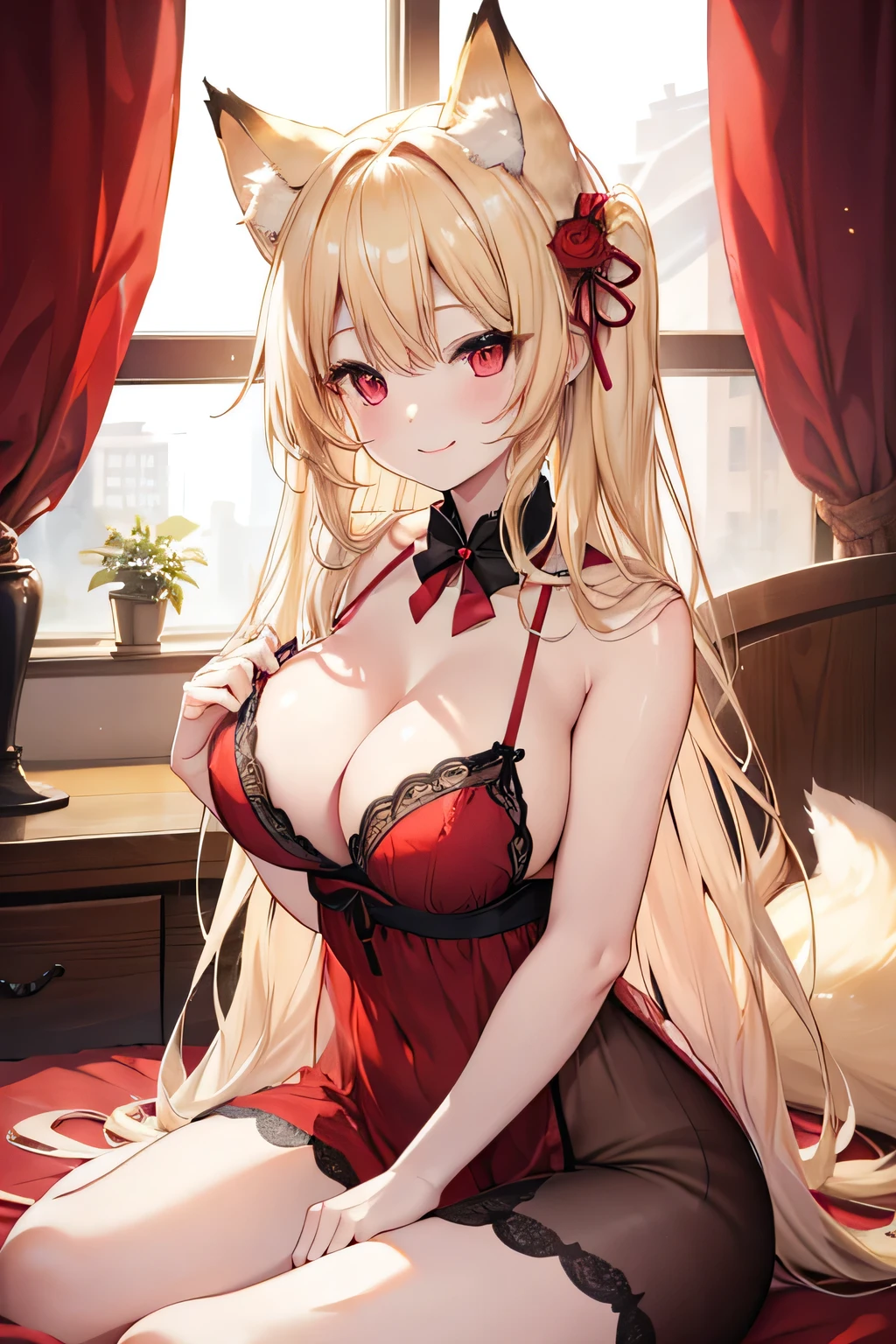 highest quality、、Big Breasts、Cleavage、Fox ears、Long blonde、Red Eye、cat lingerie、smile、Bedroom