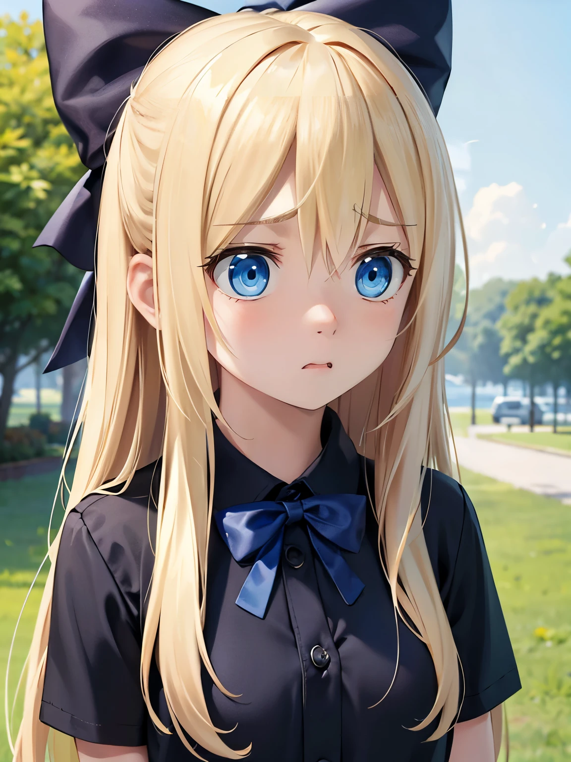 Blonde, long hair, blue eyes, black hair bows, two bows, blue shirt, white shorts, nervous, portrait, closeup, day, outside, short, woman, light blue shirt, worried, confused, scared