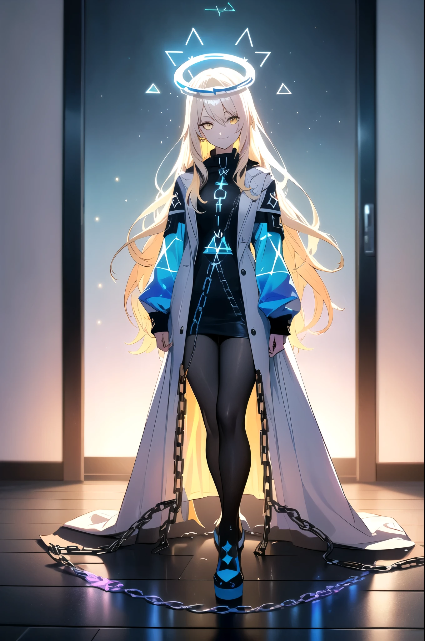 (blonde hair, long hair, sidelocks), (eyes with a mix of yellow and blue irises:1.5), two-tone eyes, multicolored eyes gradient eyes, white and blue jacket with constellation prints, (best quality,4k,8k,highres,masterpiece:1.2), ultra-detailed, portraits, (HDR:1.1), (vivid colors:1.1), (studio lighting), (bokeh), (highly saturated colors), (soft lighting), (detailed background), (subtle shadows), (ethereal glow), (pastel color palette), (delicate details), (sublime beauty), (feminine charm), (crisp focus), (fine brushwork), (impeccable craftsmanship), (emotional depth), (captivating storytelling), (intriguing narrative), (impressive realism), (exceptional artistry), (masterpiece-worthy), (awe-inspiring), blonde hair, very long hair, sidelocks, (eyes with a mix of yellow and blue irises:1.5), (two-tone eyes:1.5), (multicolored irises:1.5), multicolored eyes (gradient eyes:1.5), white and blue jacket with constellation prints, metallic skirt, (smug:1.5), (smirk), naughty face, mischievous, futuristic clothing, science fiction setting, high-tech, glowing eyes, (unicursal hexagram-shaped irises), (full body:1.5), (chains:1.5), (holographic halo:1.5), (unicursal hexagram halo:1.5), xuer hologram Laser dress