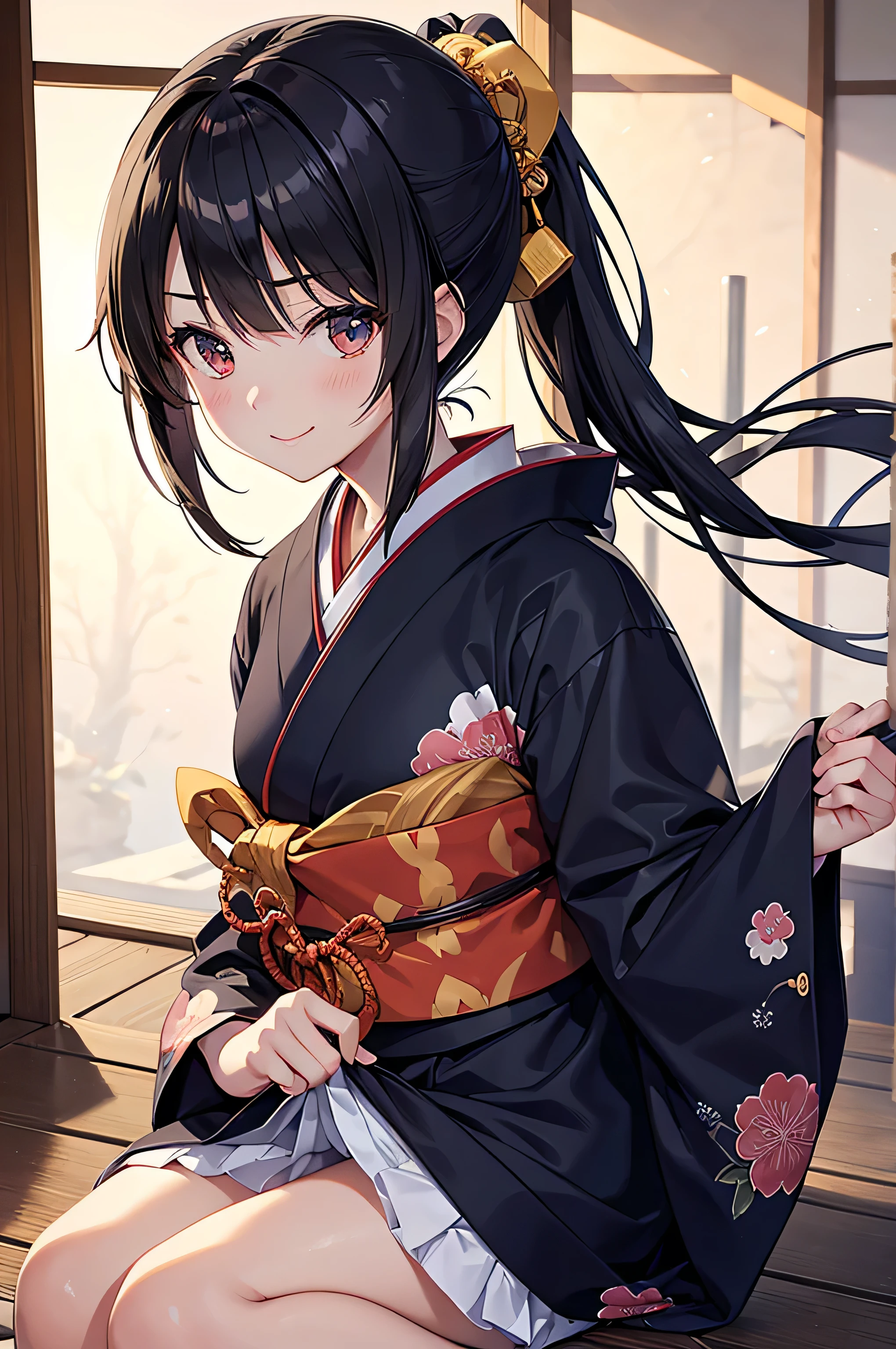 (masterpiece), highest quality, Expressive eyes, Perfect face beautiful. Beautiful anime is Japan cute girl. Kimono is kimono. Japanese girls have long hair. Hair color is black. Hairstyle: Ponytail. single eyelid. The eyes are hooded、Sensual and、Deeply depressed、Fascinating and mysterious. The expression is a smile. Where is the dojo. Pick up a Japanese sword. The situation is the skill motion of a Japanese sword..