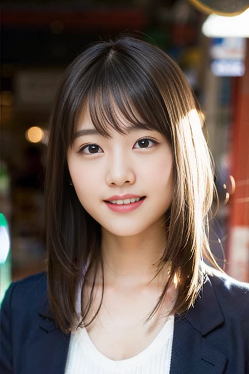 (8k、RAW Photos、highest quality、masterpiece:1.2)、(Realistic、Photorealistic:1.37)、Very detailed、Ultra-high resolution、1 girl、Seeing the viewer、Beautiful and elaborate face、Laughter、narrow、(Narrow waist) :1.3)、Beautiful, smooth skin、Skin Texture、Floating Hair、Professional Lighting、The whole human body、Long Hair、blonde、Japanese high 、Sailor suit、Bob Hair、E Cup、smile、16 years old、Red ribbon、Baby Face、childish smile、No makeup、Moisturizing lips、Light pink lips、Nostalgic Countryside、Arcade