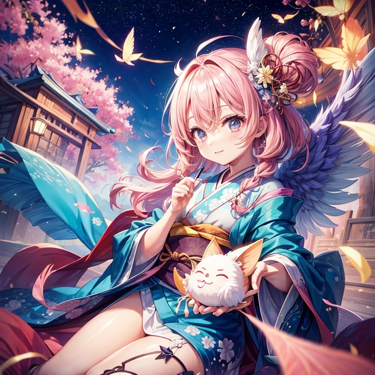 anime、character、Chibi、An illustration、unknown creature、Spread your wings、kimono、No background、Hair color cream、