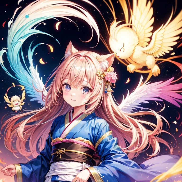 anime、character、Chibi、An illustration、unknown creature、Spread your wings、kimono、No background、Hair color cream、