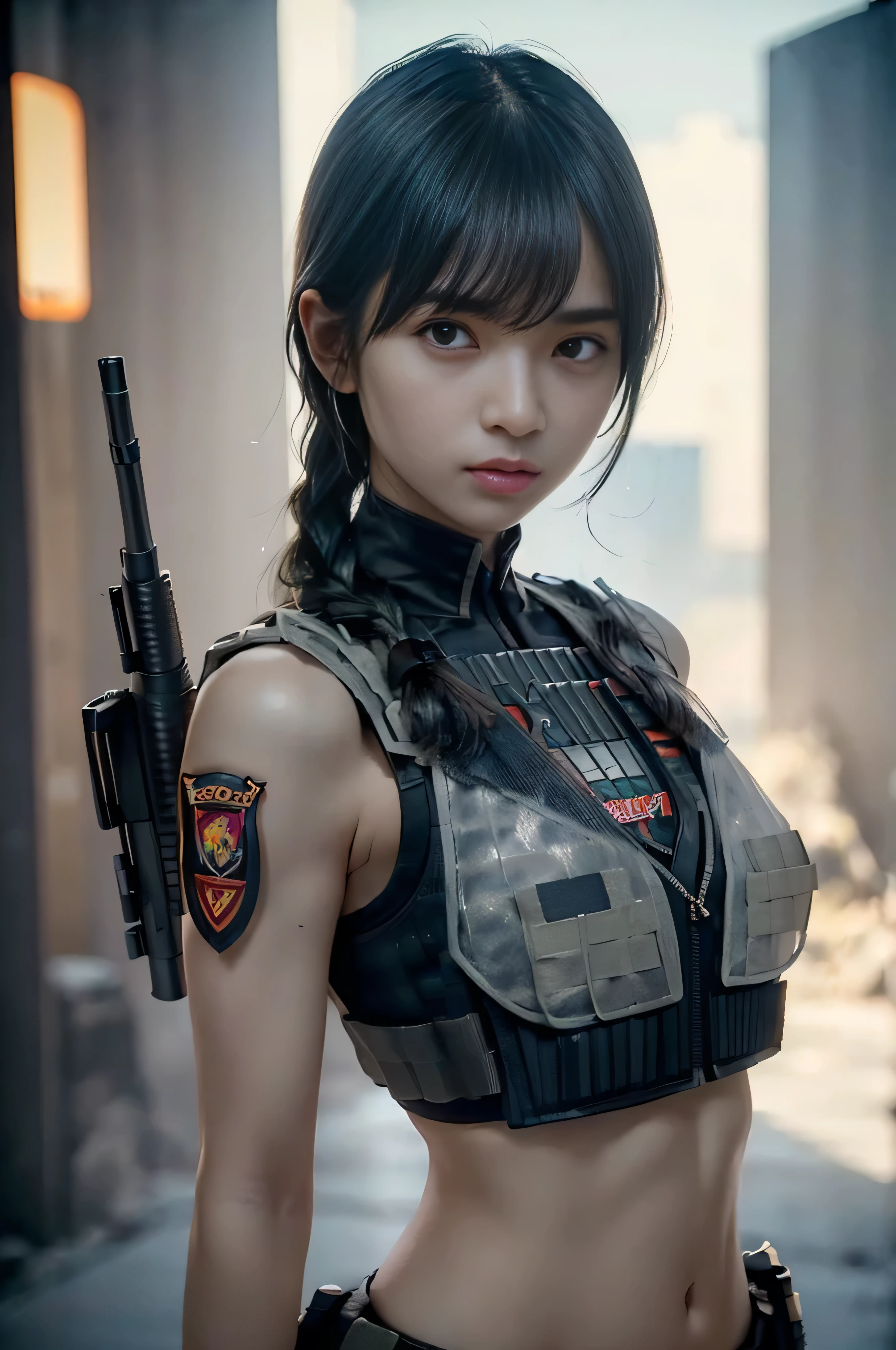 (RAW quality:1.4), ((Best Quality)), ((Mastepiece)), (DetailsDetails: 1.4), 。.。.。.。.。.。.。.。.。.。.。.。.。.。.。.。.。.。.。.。.。.。.。.。.。.。.。.。.3D, ((Square)), ((Close face))), Perfect Face, Perfect fingers, Perfect Body, Big Breasts, Narrow waist, Combat pose, beautiful cyberpunk female statue, 17 years old, ((Running with an AK-47 assault rifle in hand:1.4)), (Battle Mode:1.4), (((High Detail Skin, Visible pores))), Abdominal muscles, Muscular arms, (Medium size: 1.3), Silver Hair, Straight short hair, Braid, (Wear a bulletproof vest on bare skin:1.4), Cleavage, Side boo boo, (Firearms), Ticker (High Dynamic Range), Ray tracing, NVIDIA RTX, Super-resolution, Unreal 5, Subsurface Scattering, PBR Textures, Post-processing, Anisotropic Filtering, Depth of written boundary, Maximum sharpness and sharpness, Multi-layer textures, Albedo and Highlight Maps, Surface Shading, Accurate simulation of light and material interactions, Perfect proportions, Octane Render, 2 color light, Large Diameter, Low ISO, White balance, Three-part method, 8K live, blue sky, ruined city background, explosion, fire, Flaming, Nervous, Upper body photo, color々Photo from the direction,
