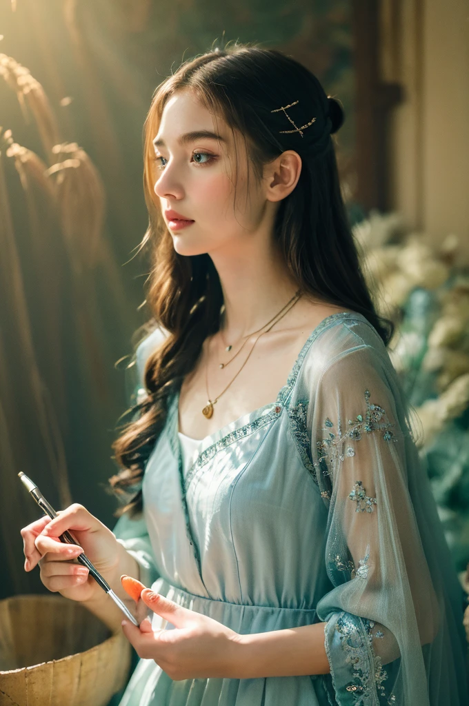 ( masterpiece, top quality, best quality,8k,s old girl,ultra detailed,raw photo:1.5),(photorealistic:1.4), (cinematic lighting), PerfectNwsjMajic, , Surrealism, UHD, ccurate, Super detail, textured skin, High detail, Best quality, dynamic angle, White skin,[Beautiful blue eyes], high nose,[flat chest:large breasts:0.5],(1girl),((good anatomy:0.5)), Dreamy atmosphere,expressive brush strokes, mystical ambiance, Artistic interpretation, Stunning Studio Ghibli style costumes, a whimsical illustration, Subtle colors and tones, mystical aura, jewelry, splendor, portrait