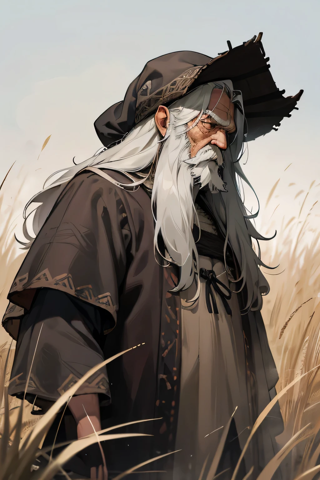Old man, viking clothes, worn down clothes, unkempt hair, long beard. grass fields, weeping, staring into distance, hair covering side of face
