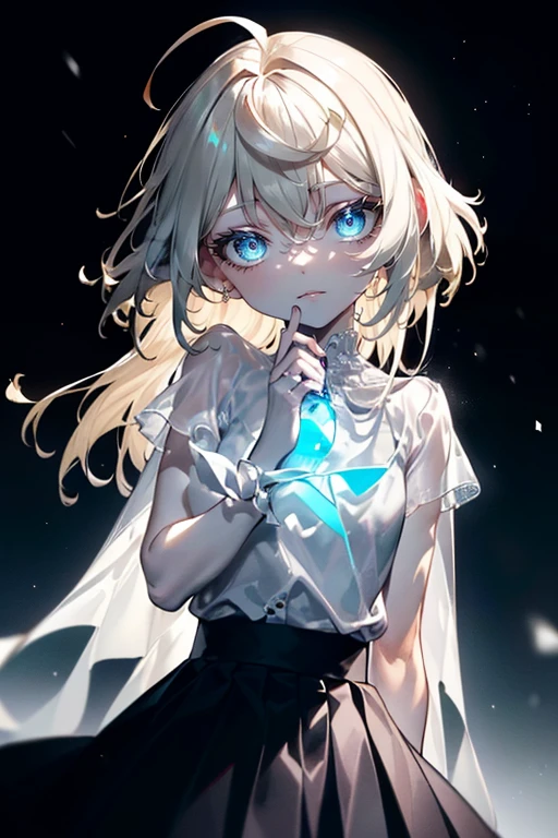 (Masterpiece, Best quality, Ultra precision), 1girl, Acquaintance, , Long white office shirt , Black pleated skirt, ((Light brown, Light brown hair:0.7), Long hair cut, Pale skin, ((blue eyes)), glowing_eyes, neon eyes, (ultra detailed eyes, Beautiful and detailed face, detailed eyes), ((Centering)), He smiles, ((View shot)), Facing the viewer, Eye level, (blurry background, bright snowy background, winter), Flat chested, Looking at the viewer, ((half closed eyes)), ((Perfect hands)), (((head, arms, Features, Elbows, In a vision))), ((Hands behind the back)), empty eyes, Beautiful lighting, the outside, in the fresh air, background, Specific topic, 25 years,